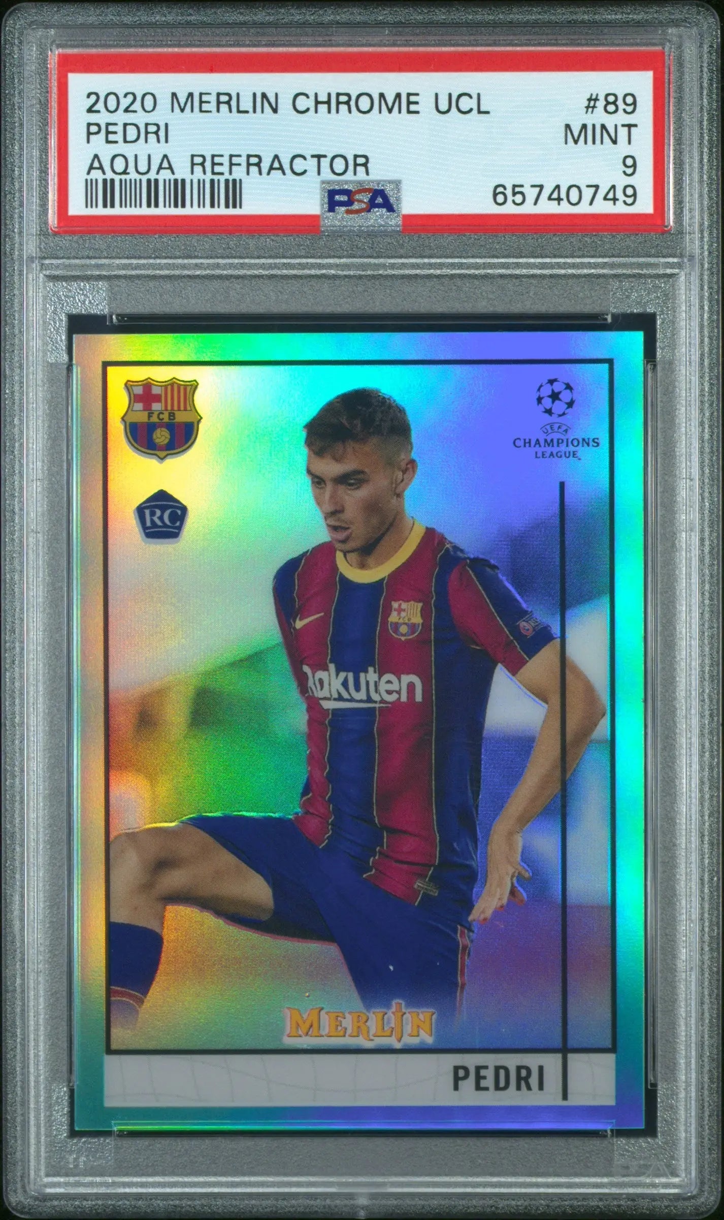 2020 Topps Merlin Chrome UCL Pedri RC Rookie Aqua Refractor PSA 9 /199 