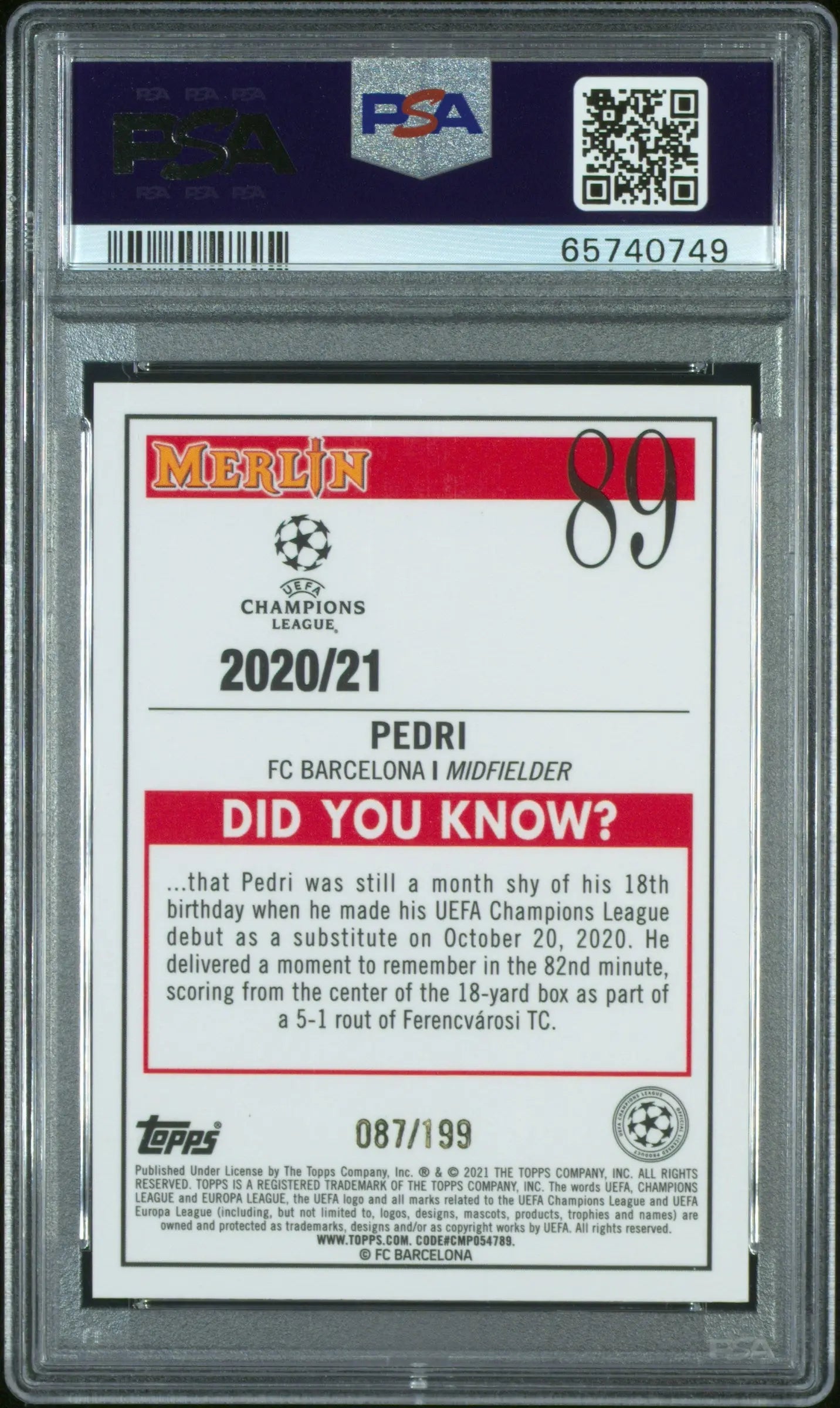 2020 Topps Merlin Chrome UCL Pedri RC Rookie Aqua Refractor PSA 9 /199 