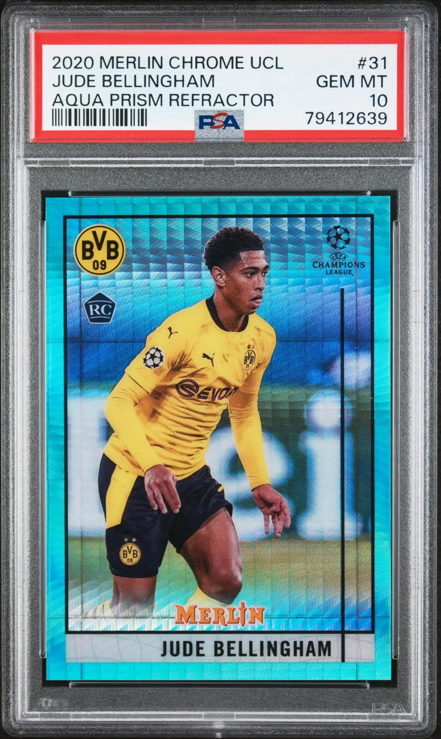2020 Topps Merlin Chrome UEFA CL Rookie Jude Bellingham Aqua Prism Ref RC PSA 10 