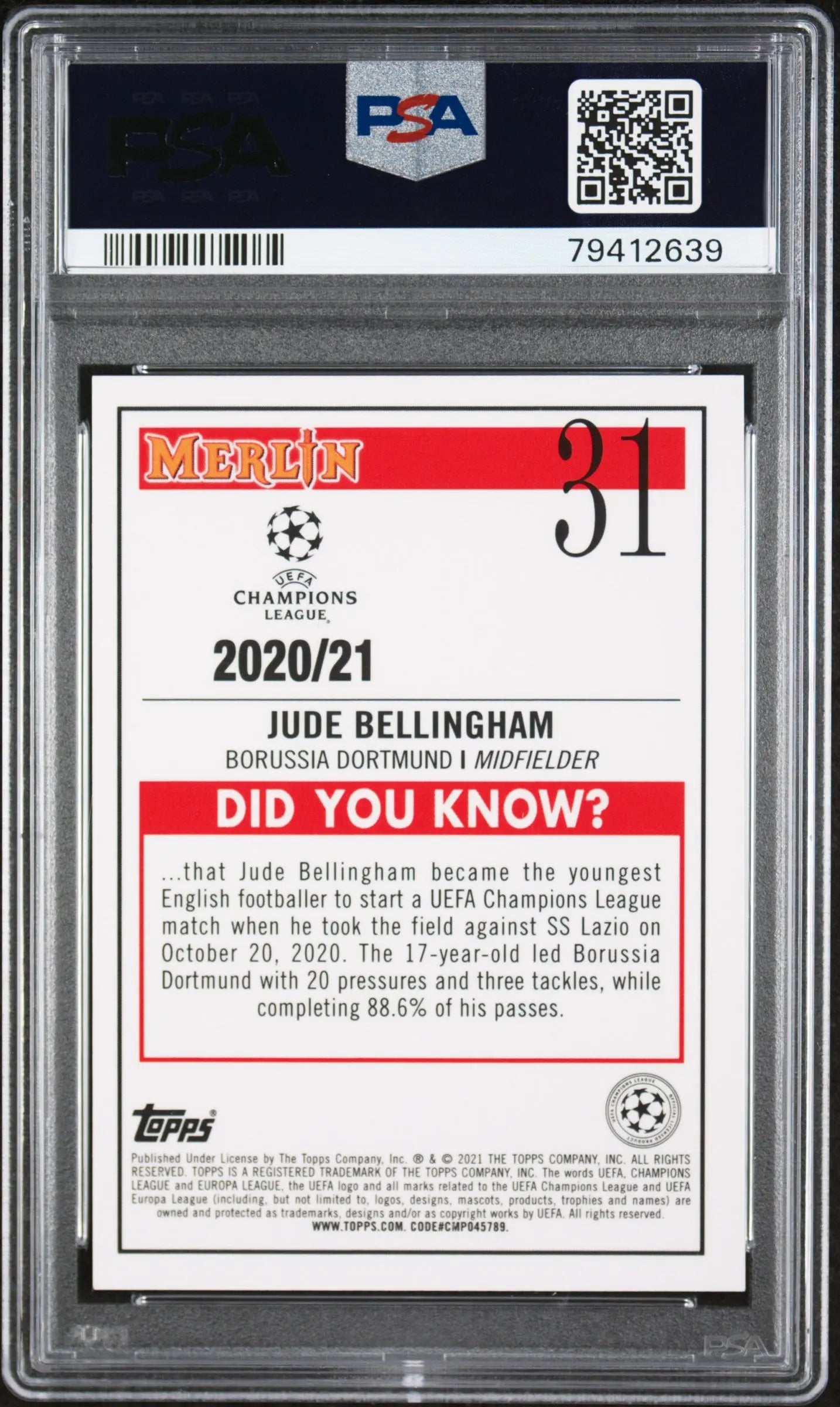 2020 Topps Merlin Chrome UEFA CL Rookie Jude Bellingham Aqua Prism Ref RC PSA 10 