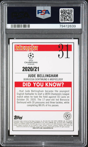 2020 Topps Merlin Chrome UEFA CL Rookie Jude Bellingham Aqua Prism Ref RC PSA 10 