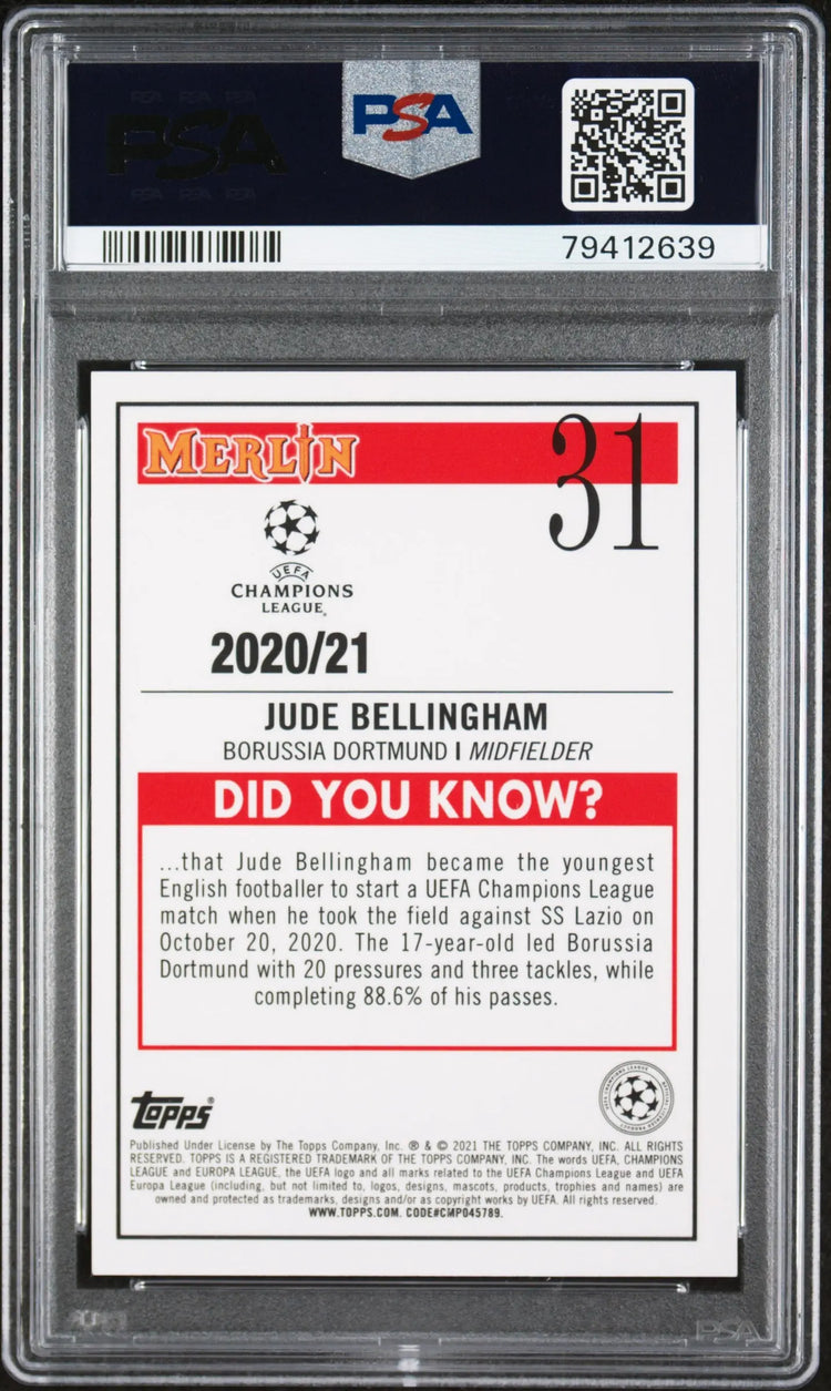 2020 Topps Merlin Chrome UEFA CL Rookie Jude Bellingham Aqua Prism Ref RC PSA 10 