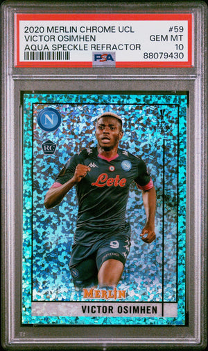 2020 Topps Merlin Chrome UEFA CL Rookie Victor Osimhen Aqua Speckle Refr. PSA 10 