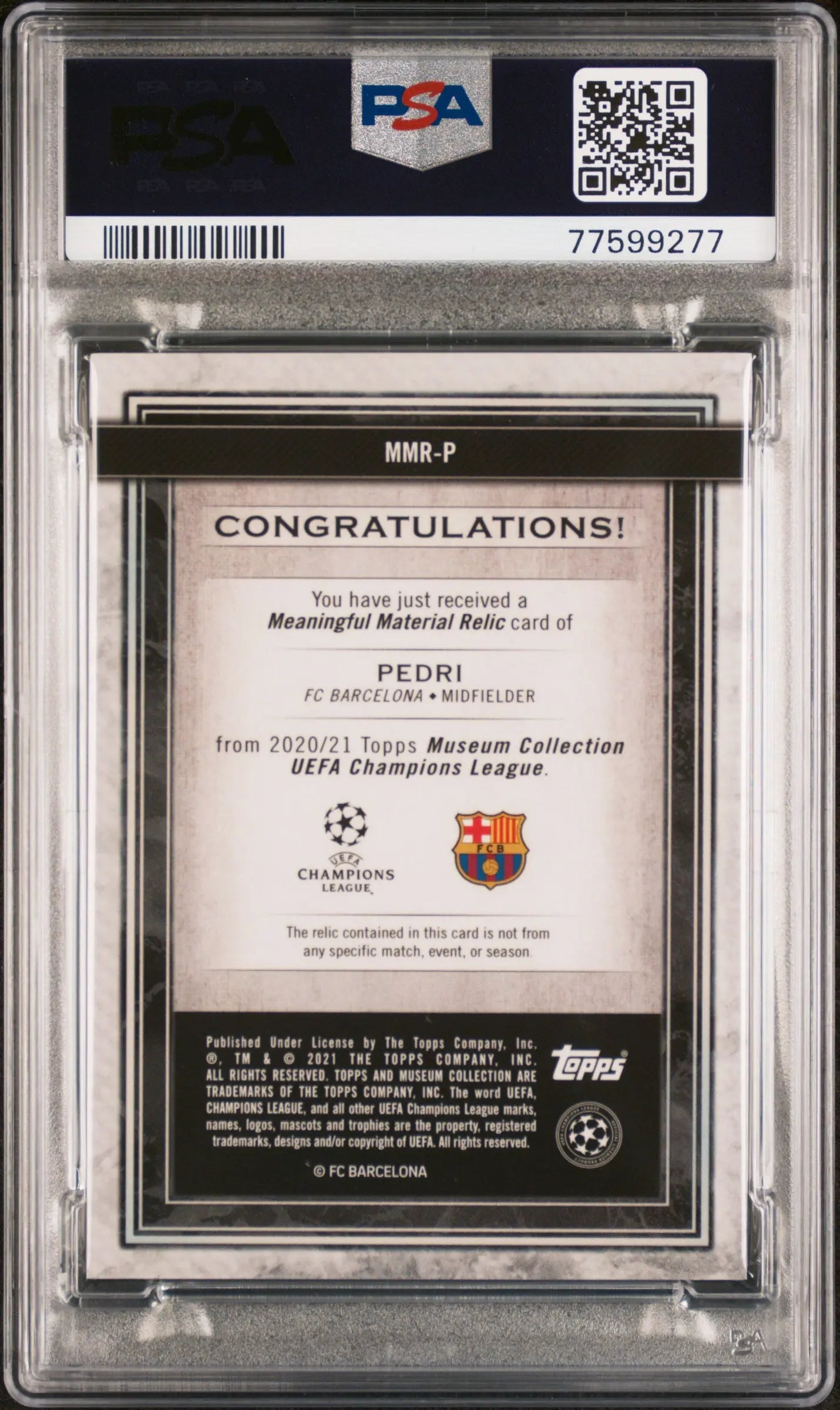 2020 Topps Museum Coll UCL Meaningful Material Relics Pedri Sapphire /75 PSA 10 