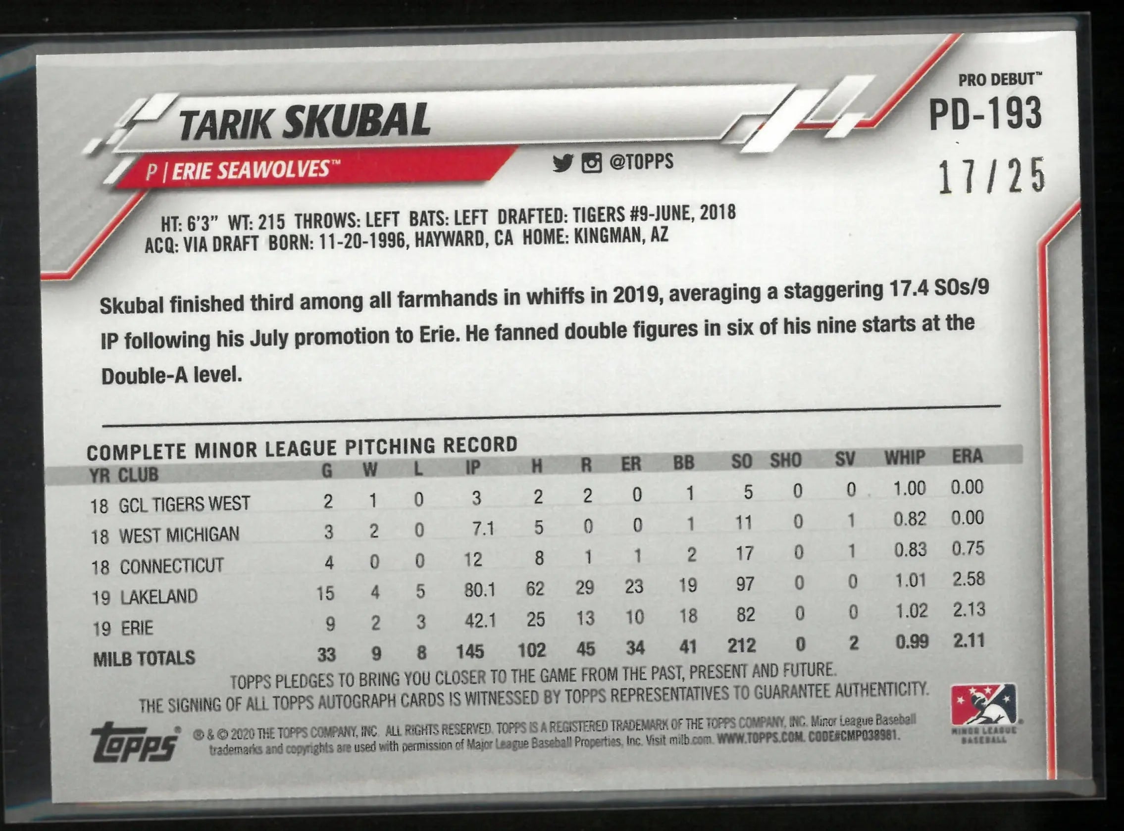 2020 Topps Pro Debut Autograph Tarik Skubal Auto /25 