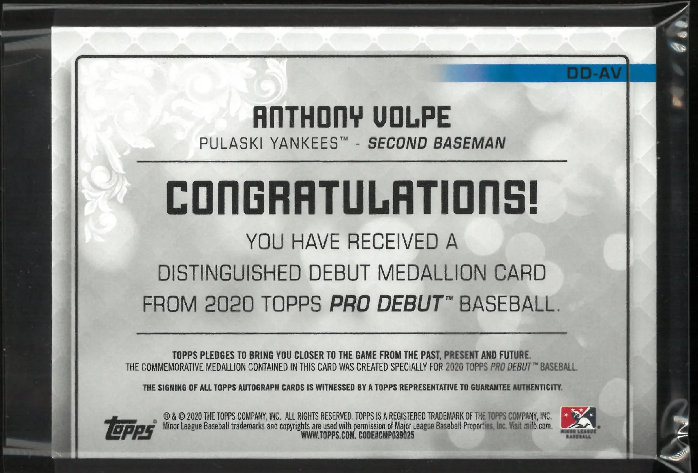 2020 Topps Pro Debut Medallion Rookie Autograph Anthony Volpe Auto /10 RC 