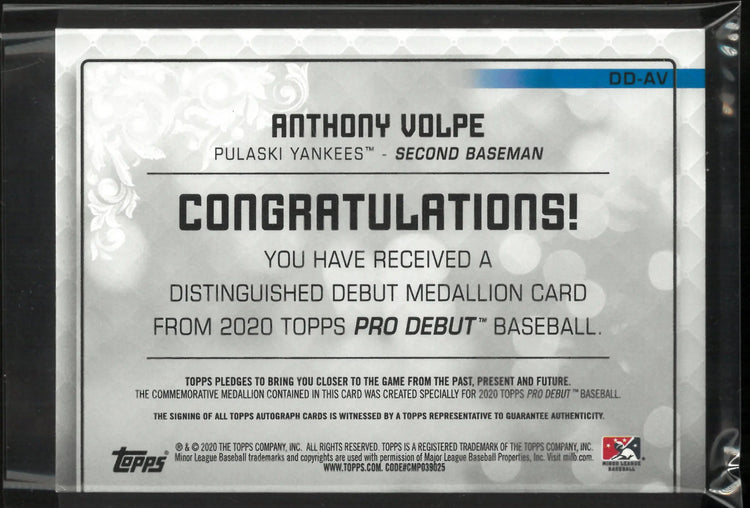 2020 Topps Pro Debut Medallion Rookie Autograph Anthony Volpe Auto /10 RC 