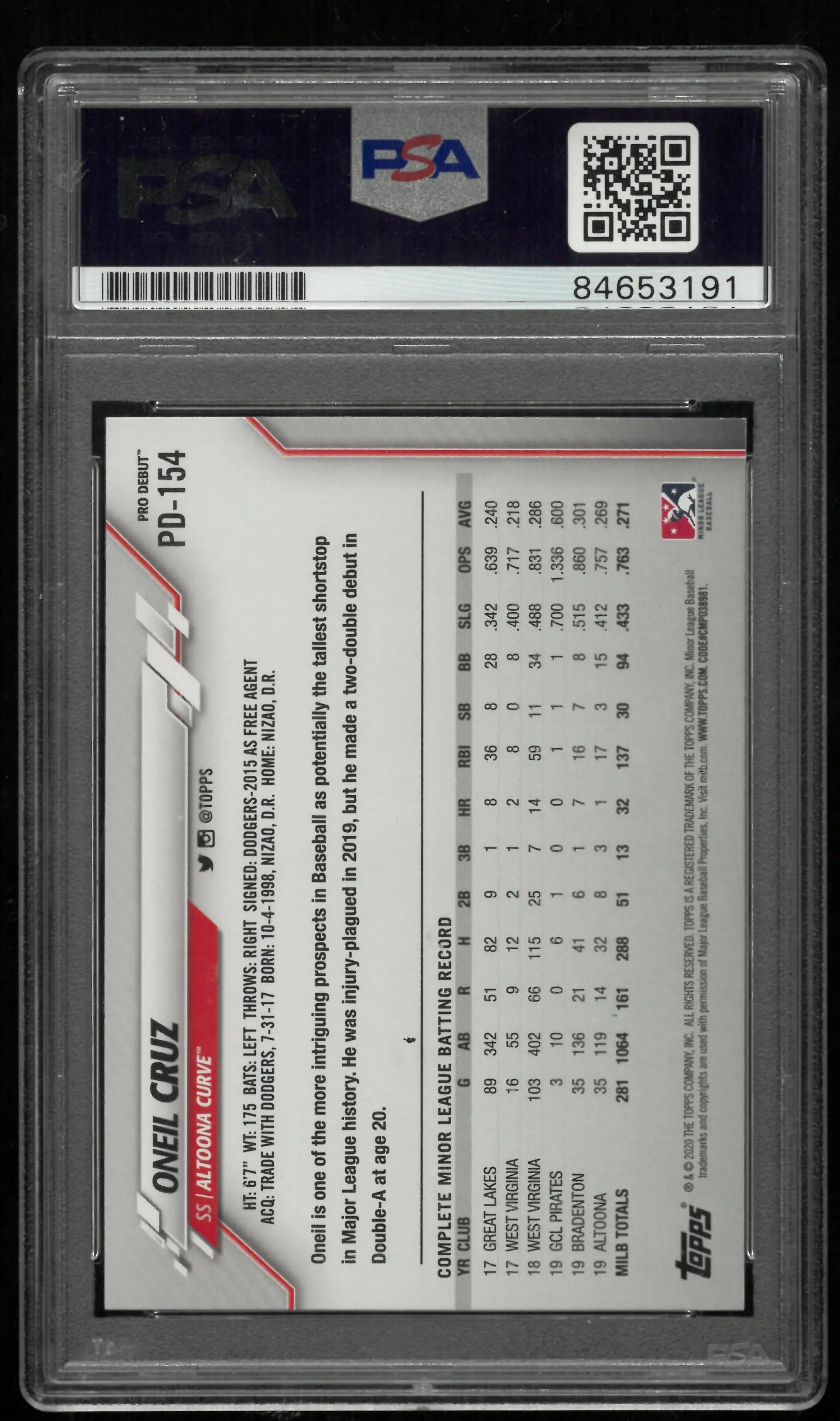 2020 Topps Pro Debut Rookie Oneil Cruz Autograph Auto RC PSA Authentic 