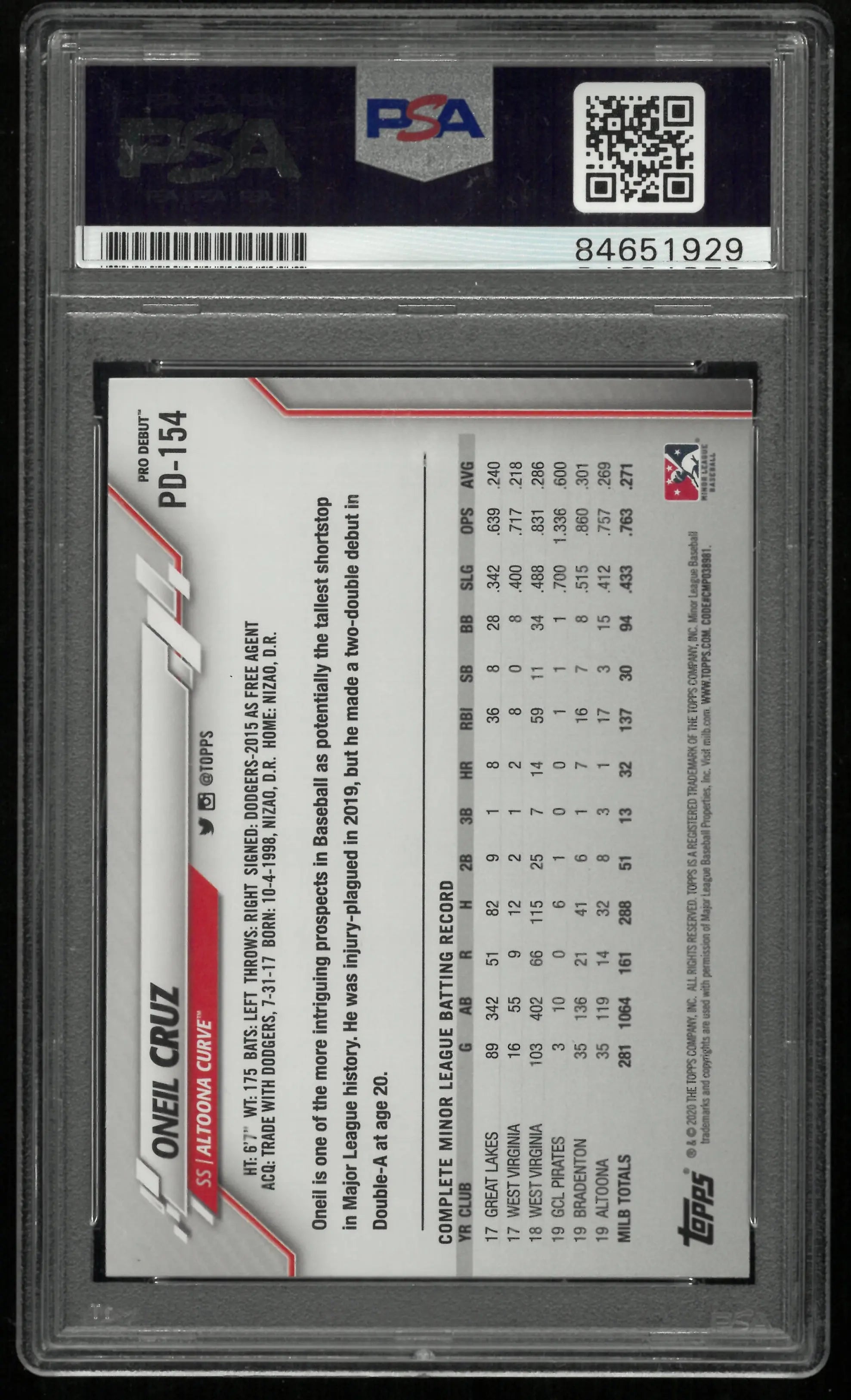 2020 Topps Pro Debut Rookie Oneil Cruz Autograph Auto RC PSA Authentic Auto 