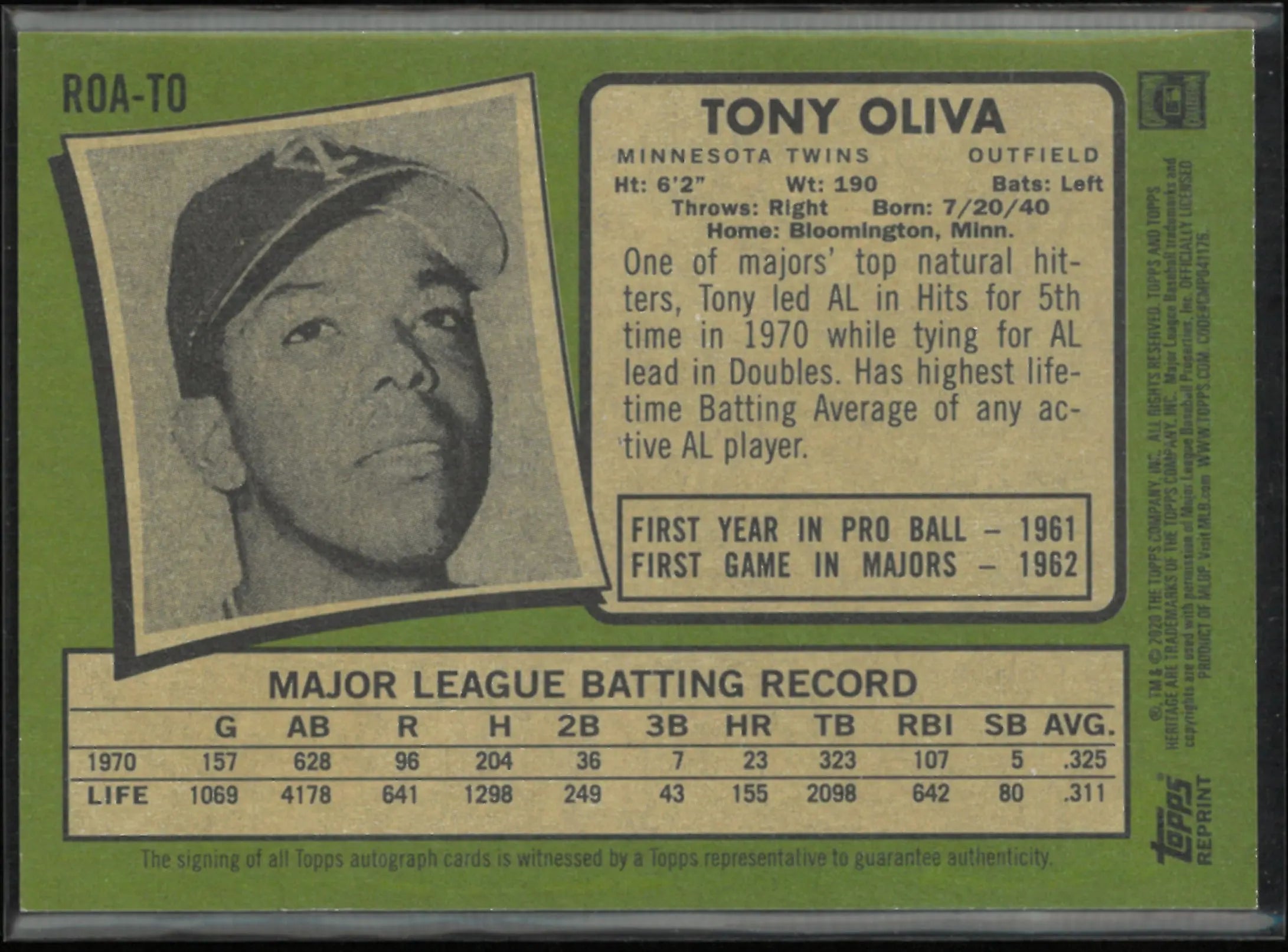 2020 Topps Reprint Heritage Autograph Tony Oliva Auto /71 
