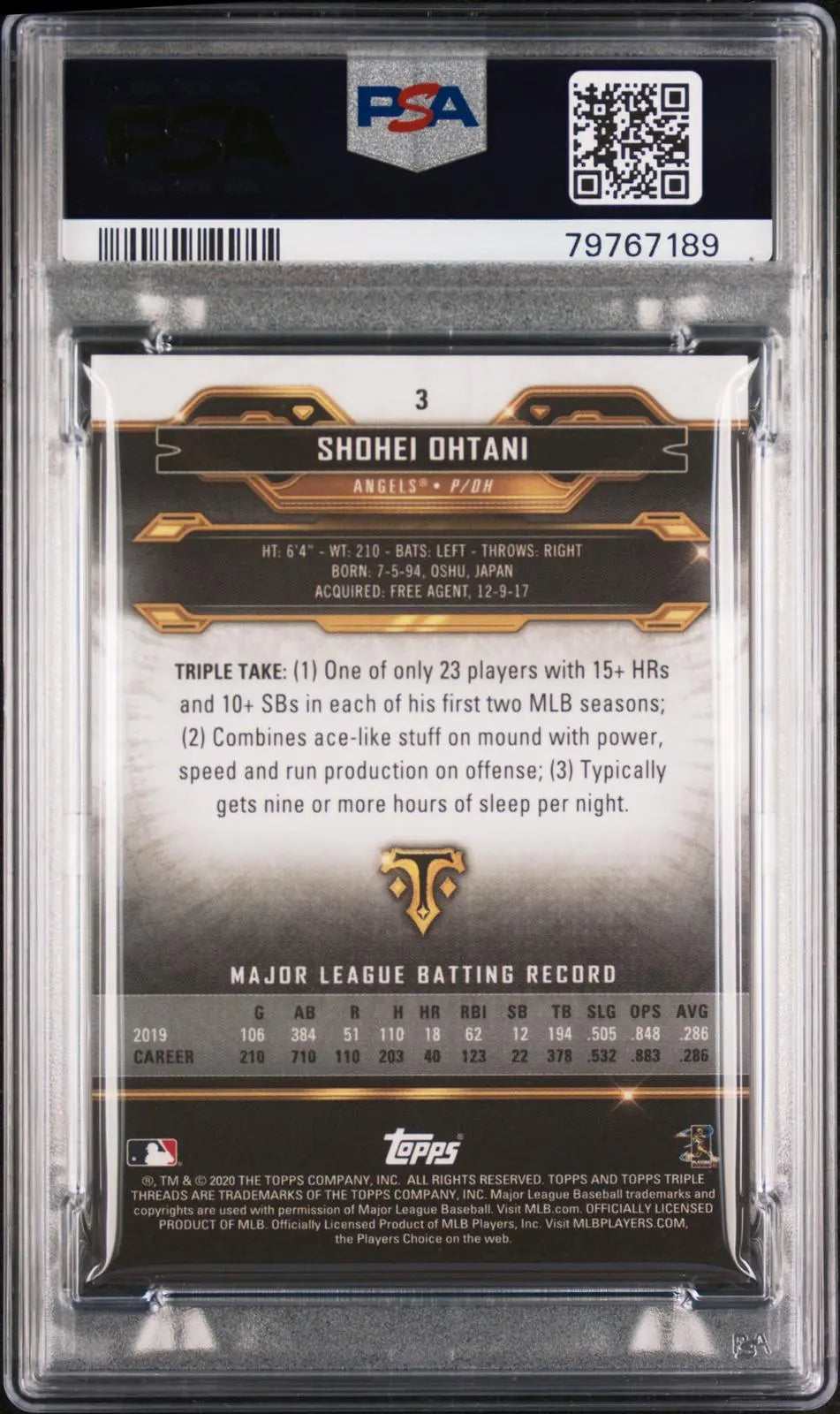 2020 Topps Triple Threads Shohei Ohtani Amethyst /299 PSA 7 