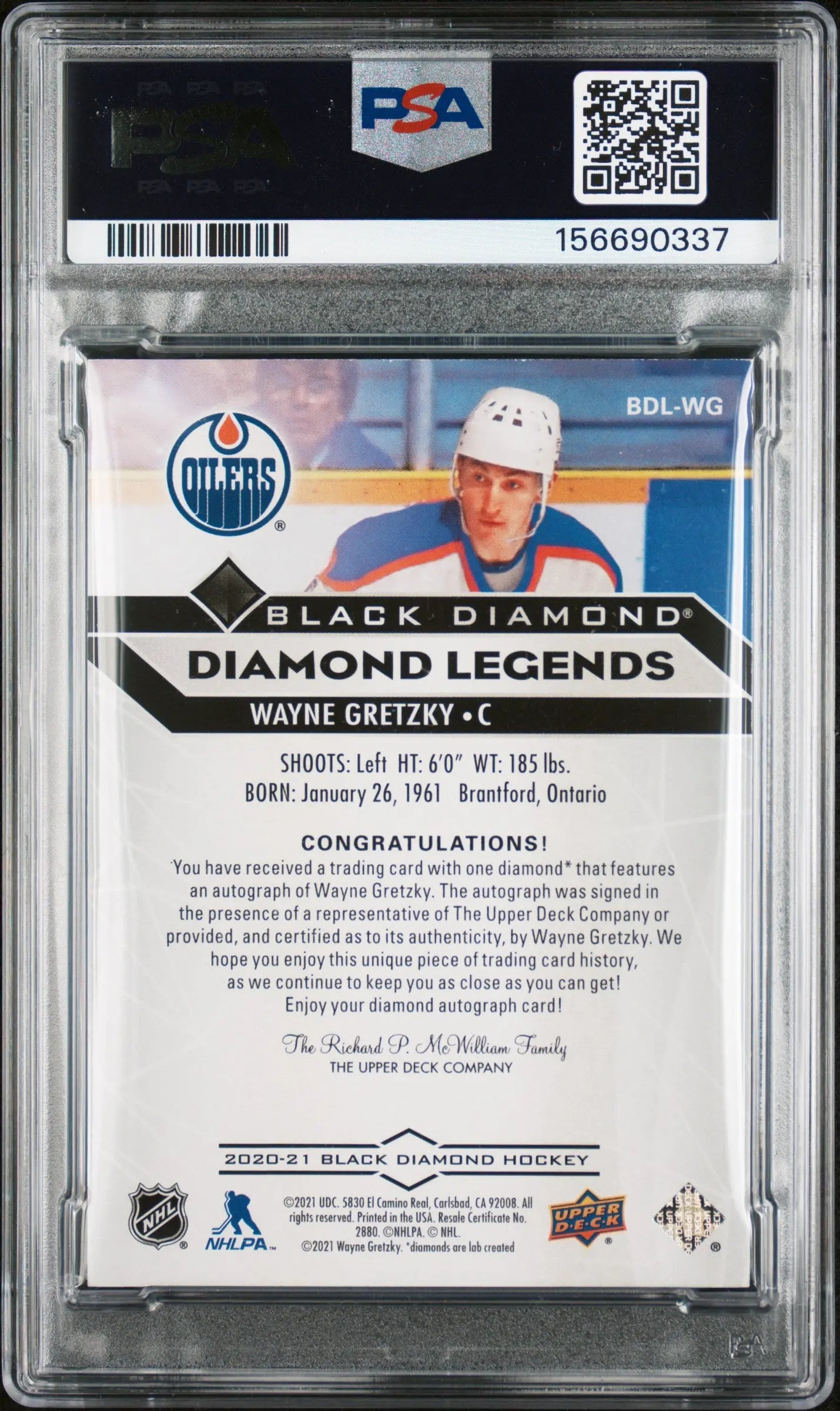 2020 UD Black Diamond Diamond Legends Wayne Gretzky Autograph Auto /10 PSA Auth 