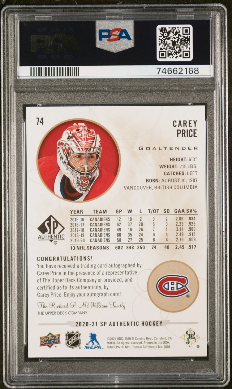 2020 UD SP Authentic Carey Price Base Limited Autograph Auto PSA 10 Auto 10 