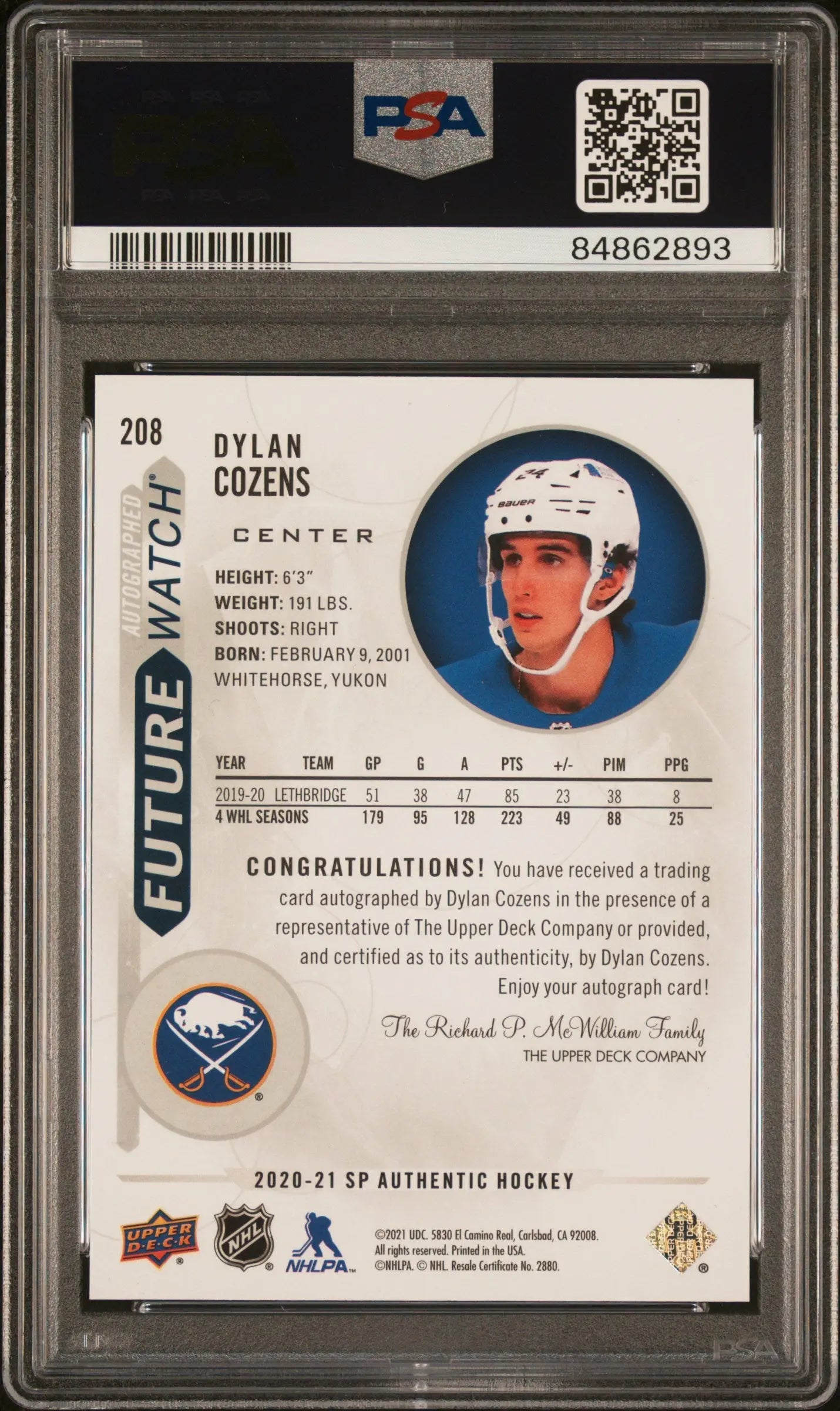 2020 UD SP Authentic Dylan Cozens RC Future Watch Autograph PSA 10 /999 