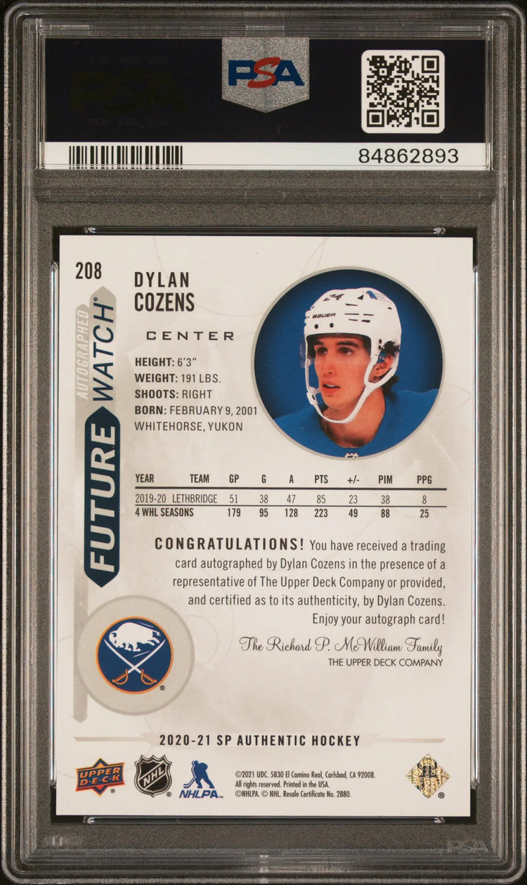 2020 UD SP Authentic Dylan Cozens RC Future Watch Autograph PSA 10 /999 