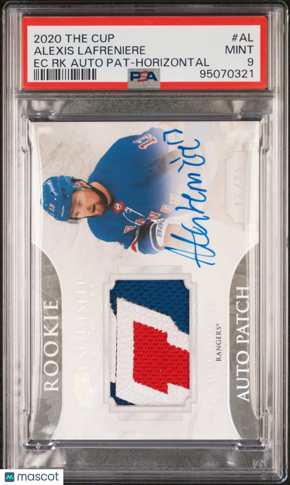 2020 UD The Cup Exquisite RC Auto Patch Horizontal Alexis Lafreniere /25 PSA 9 