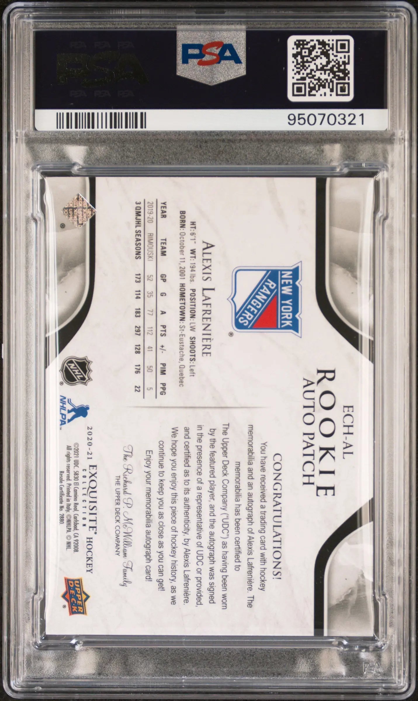 2020 UD The Cup Exquisite RC Auto Patch Horizontal Alexis Lafreniere /25 PSA 9 