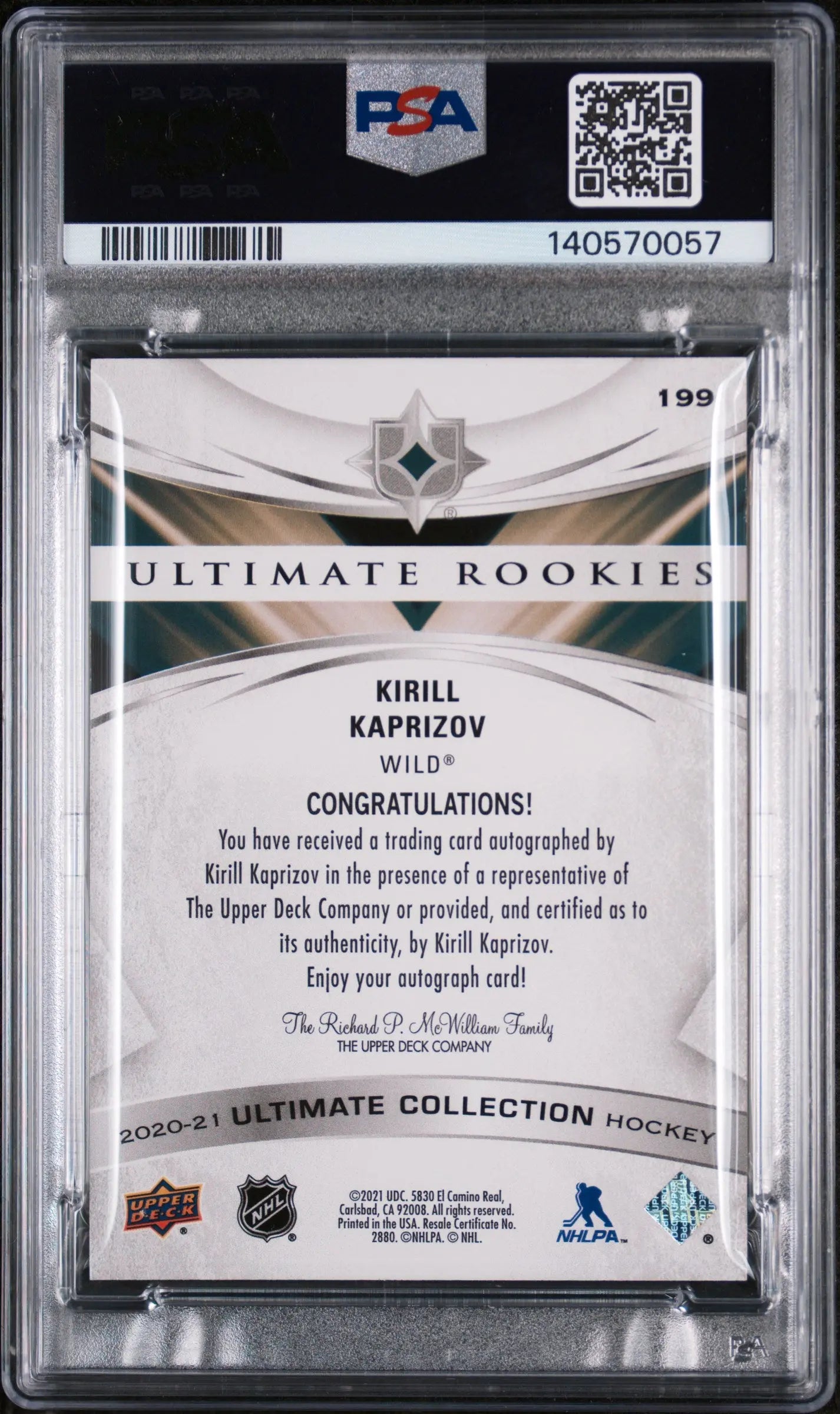 2020 UD Ultimate Collection Rookie Kirill Kaprizov Autograph Auto RC /99 PSA 9 