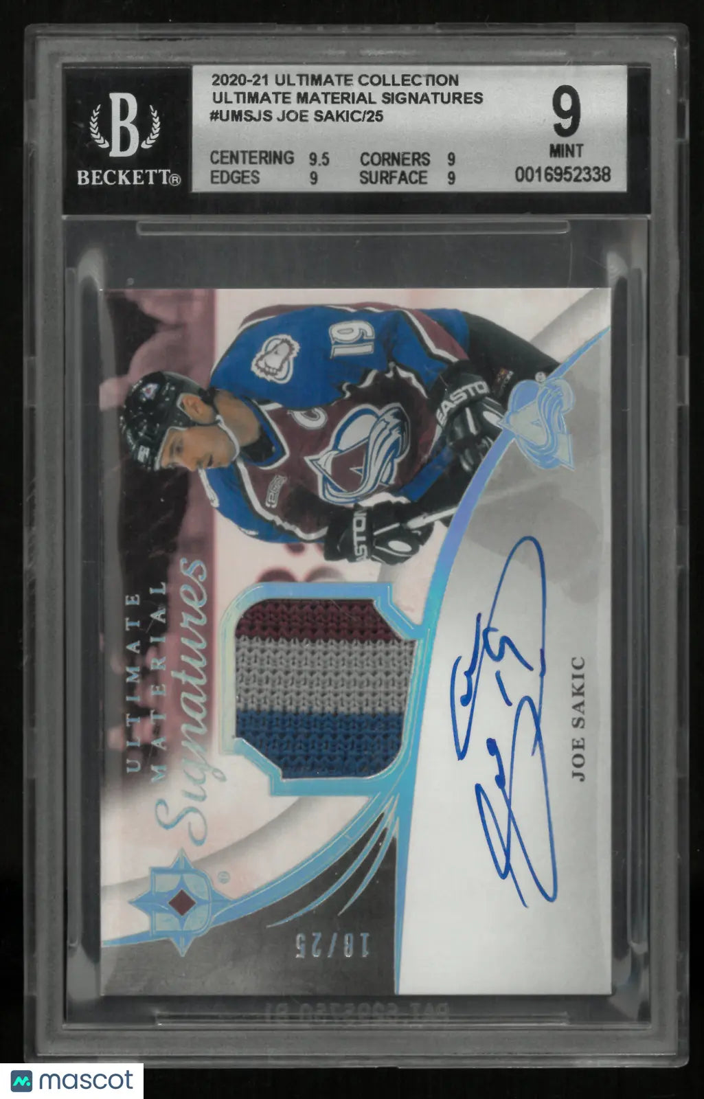 2020 Ultimate Collection Ultimate Material Signature Joe Sakic /25 BGS 9 Auto 10 