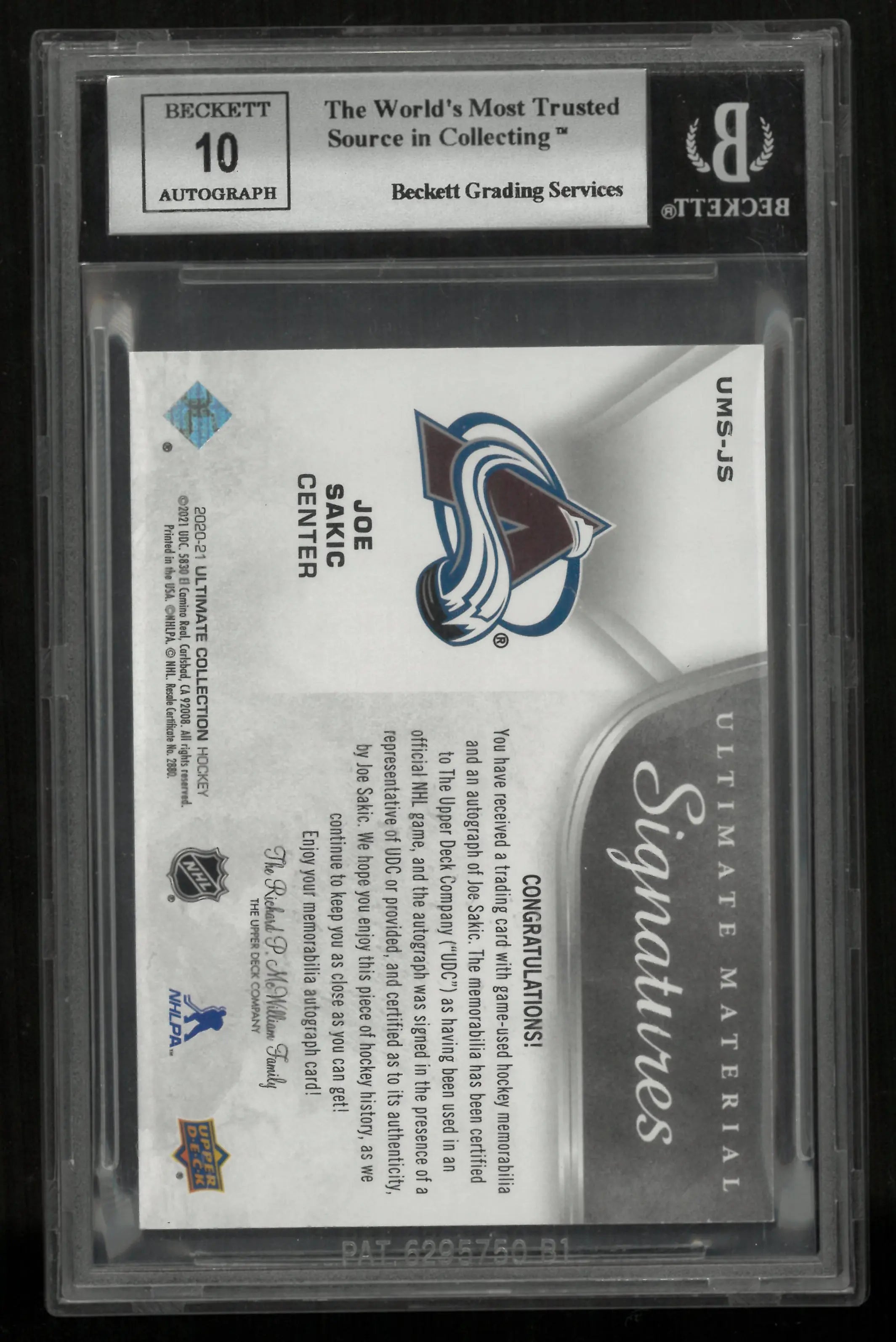2020 Ultimate Collection Ultimate Material Signature Joe Sakic /25 BGS 9 Auto 10 