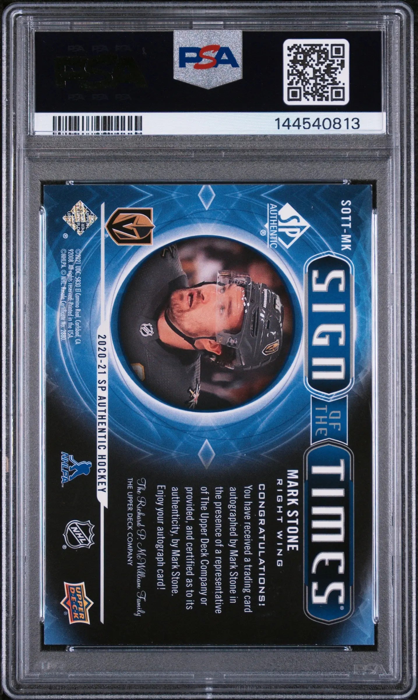2020 Upper Deck SP Authentic Sign Of The Times Black Auto Mark Stone /25 PSA 8 