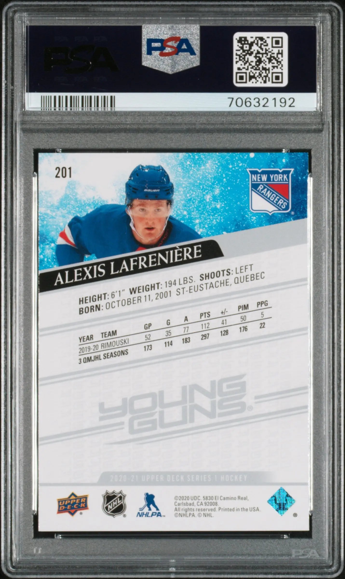 2020 Upper Deck Series 1 Young Guns Rookie Alexis Lafreniere RC PSA 9 
