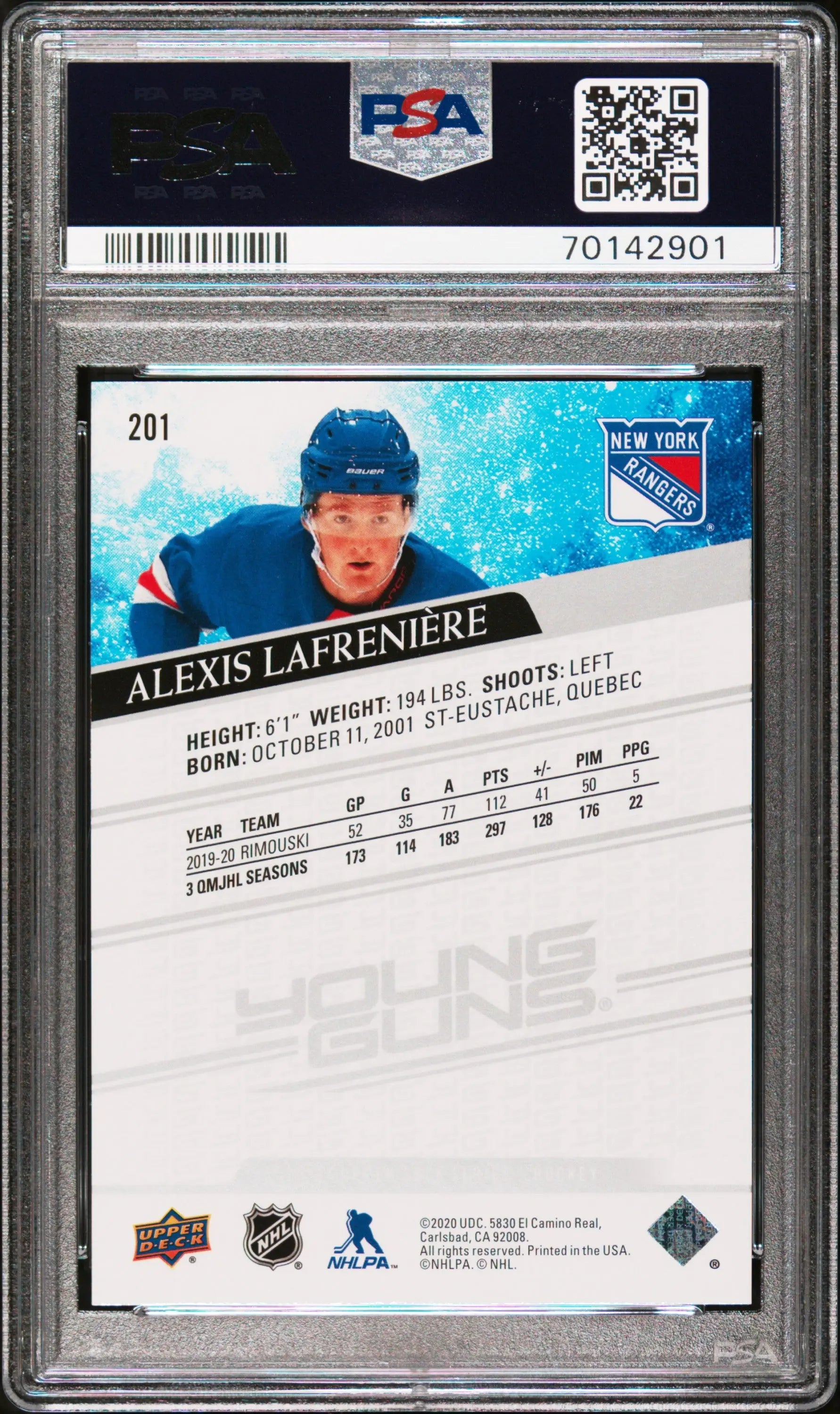 2020 Upper Deck Series 1 Young Guns Rookie Alexis Lafreniere RC PSA 9 