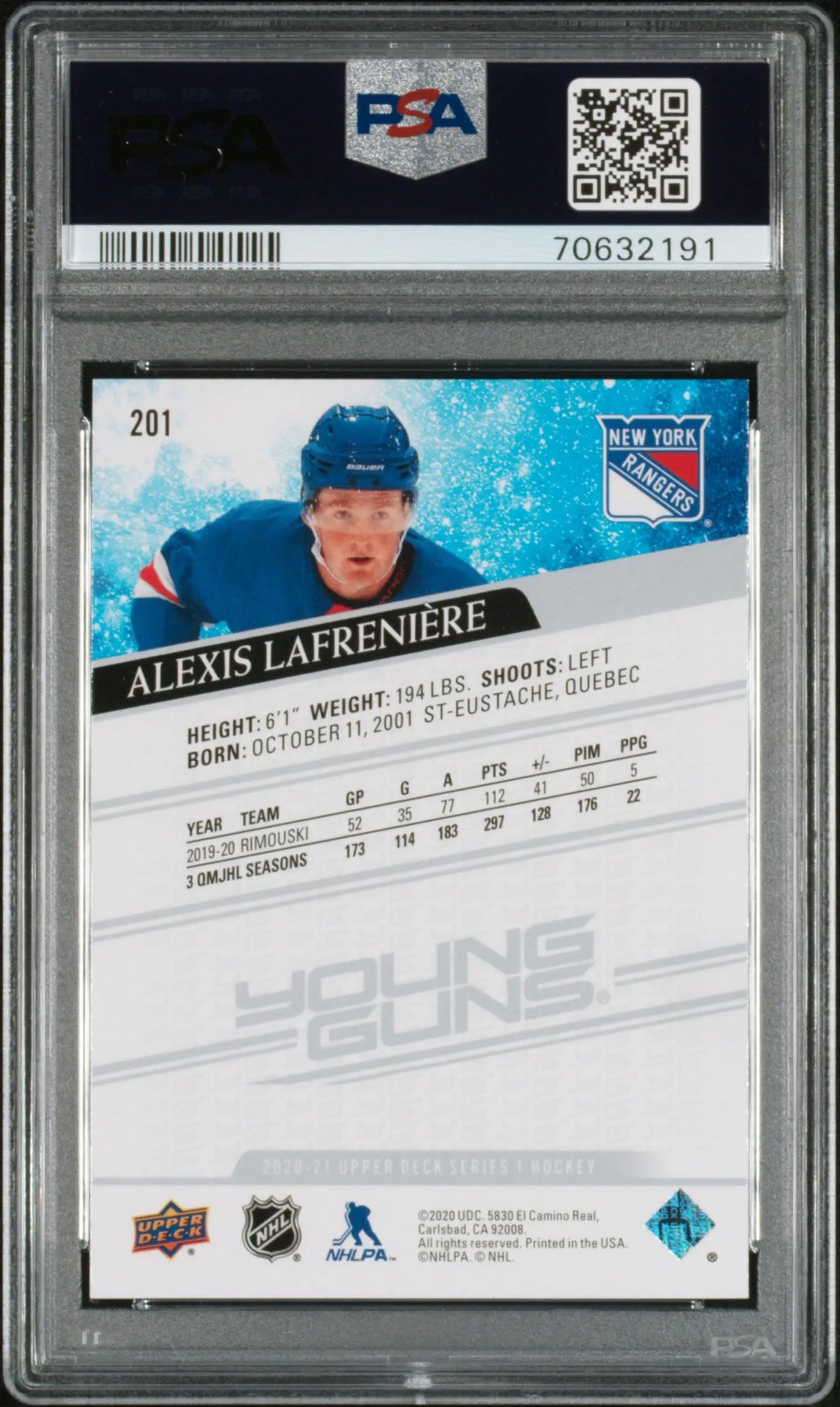 2020 Upper Deck Series 1 Young Guns Rookie Alexis Lafreniere RC PSA 9 