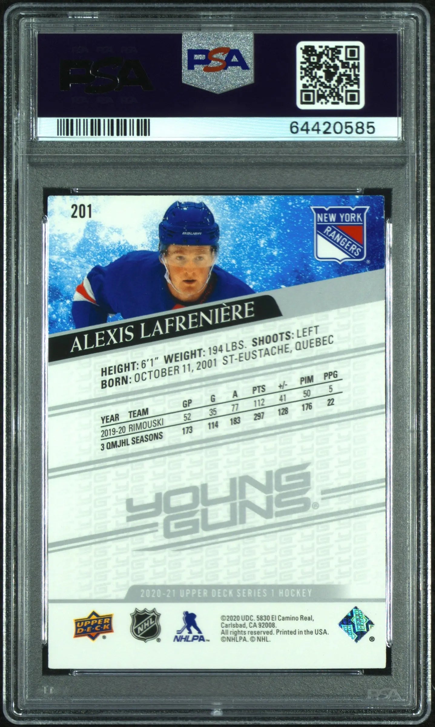 2020 Upper Deck Series 1 Young Guns Rookie Alexis Lafreniere RC PSA 9 