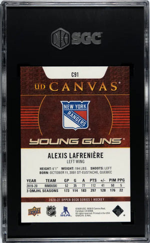 2020 Upper Deck Series 1 Young Guns Rookie Alexis Lafreniere UD Canvas RC SGC 10 