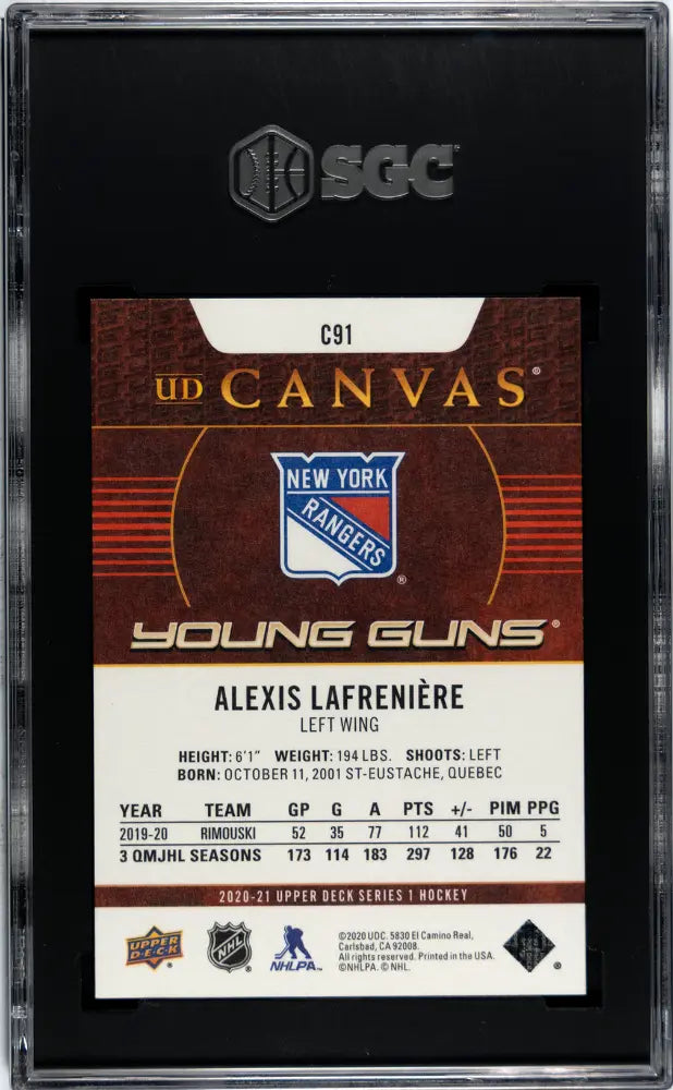 2020 Upper Deck Series 1 Young Guns Rookie Alexis Lafreniere UD Canvas RC SGC 10 