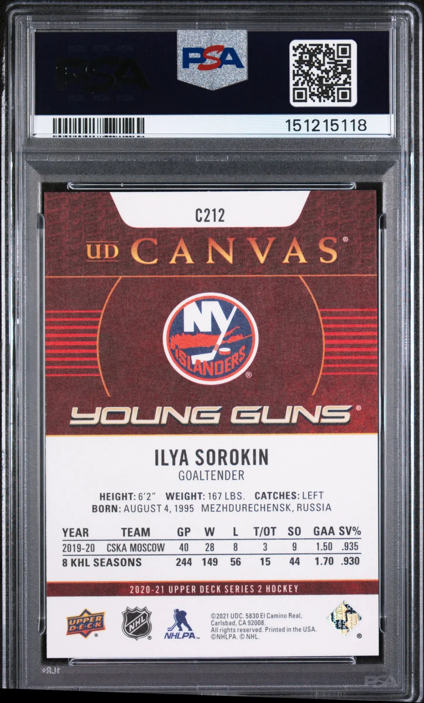 2020 Upper Deck Series 2 UD Canvas Young Guns Rookie Ilya Sorokin RC PSA 10 
