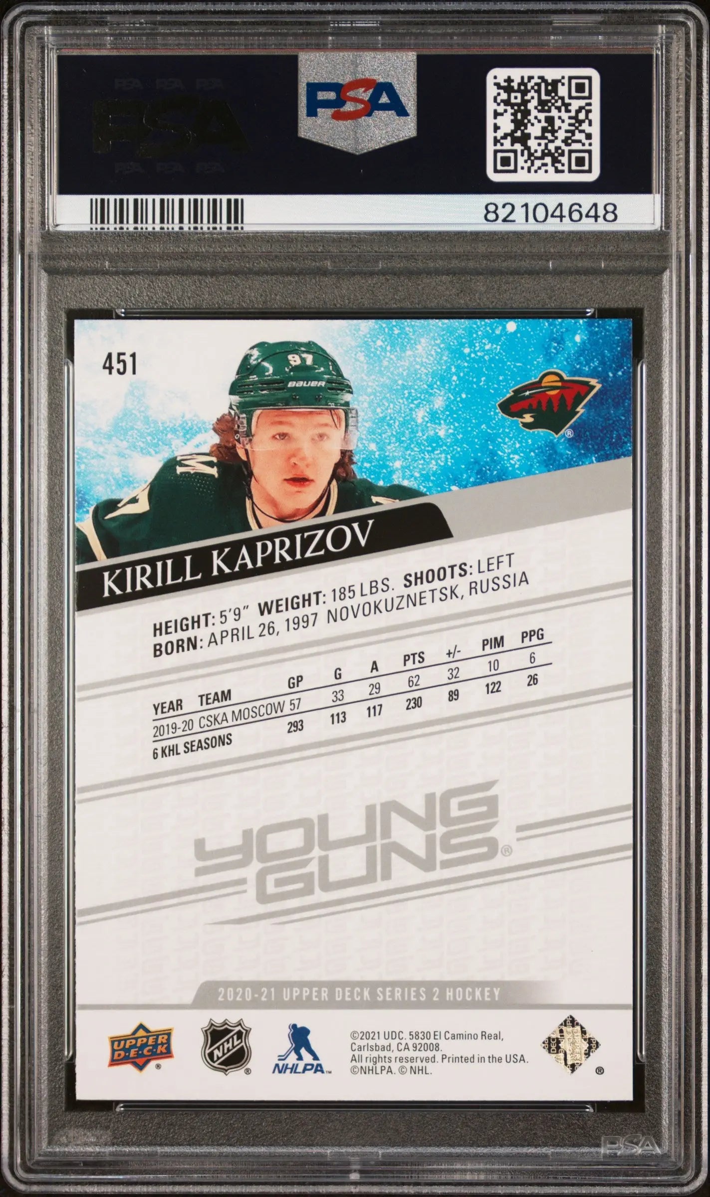 2020 Upper Deck Series 2 Young Guns Rookie Kirill Kaprizov RC PSA 10 