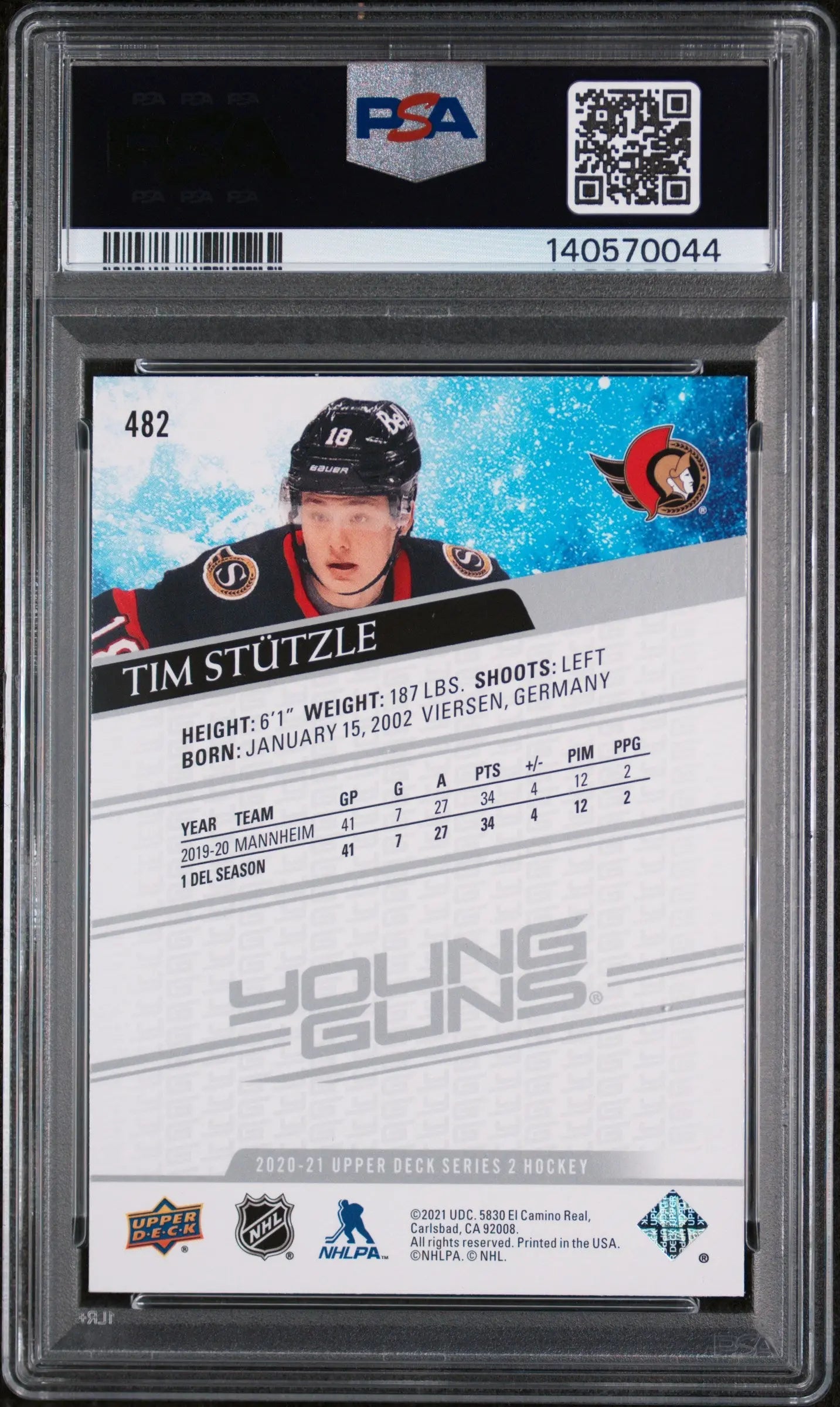 2020 Upper Deck Series 2 Young Guns Rookie Tim Stutzle RC PSA 8 