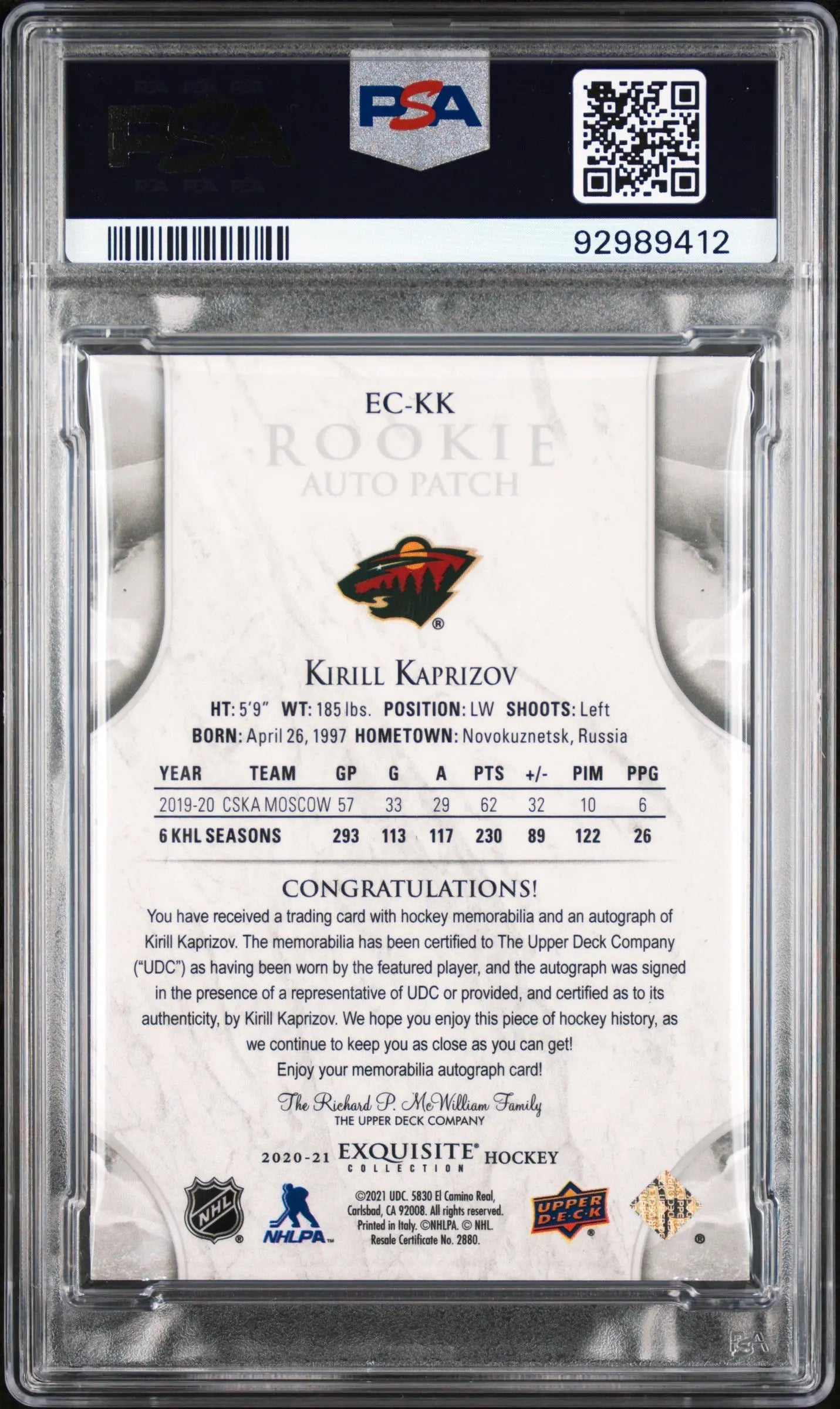 2020 Upper Deck The Cup Exquisite Rookie Patch Auto Kirill Kaprizov /97 PSA 10 