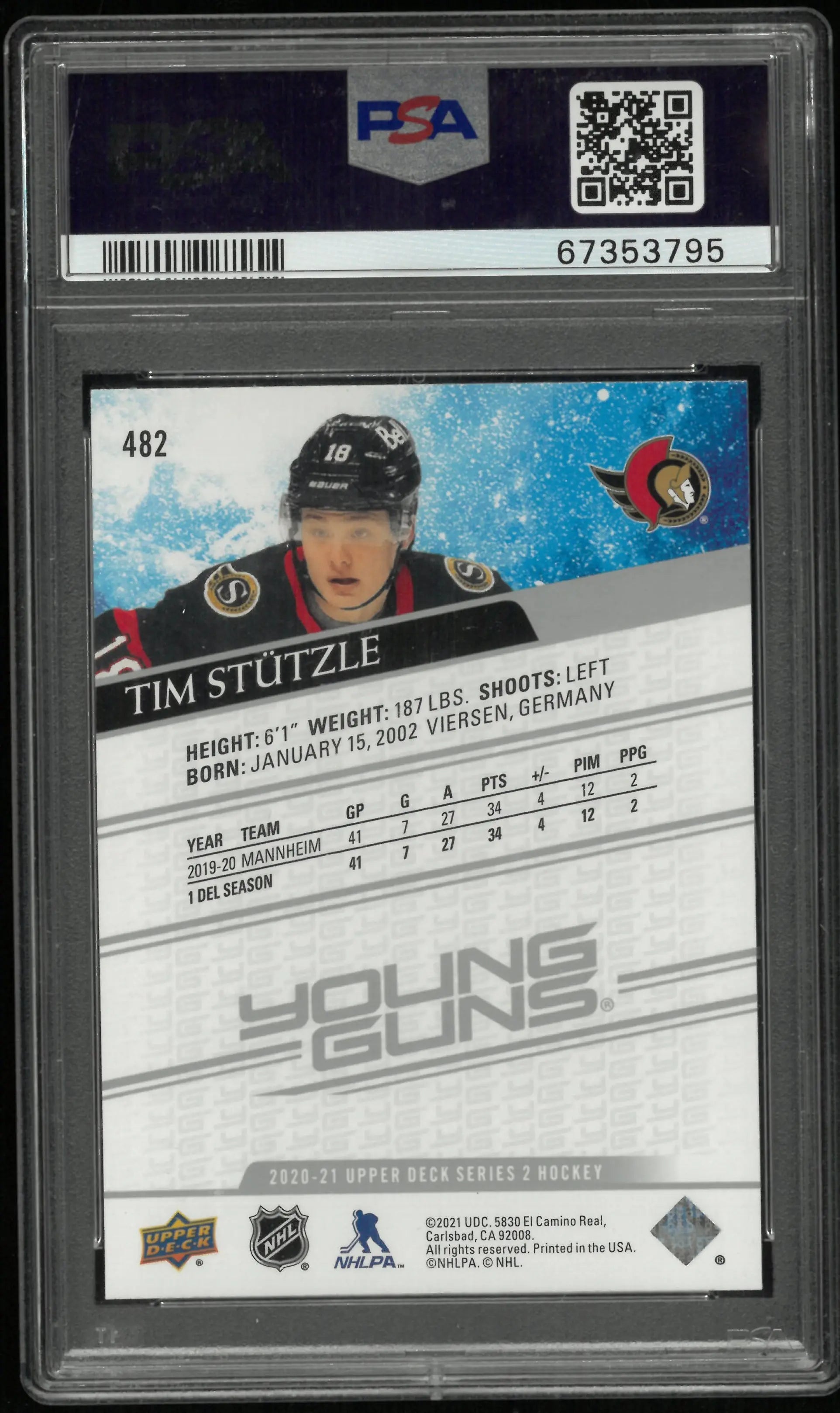 2020 Upper Deck Tim Stutzle #482 PSA 10 