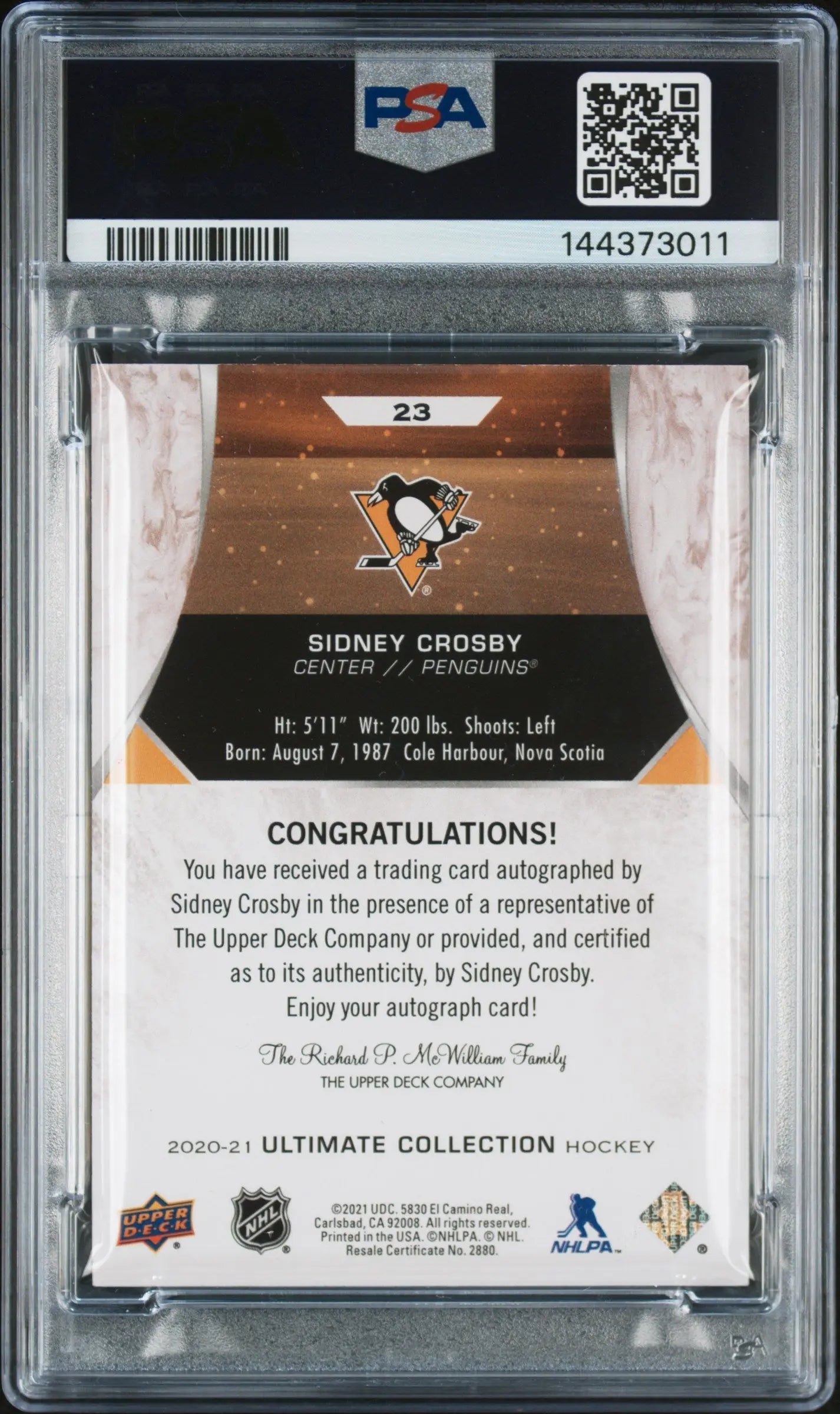 2020 Upper Deck Ultimate Collection Sidney Crosby Autograph Gold PSA Auth Auto10 