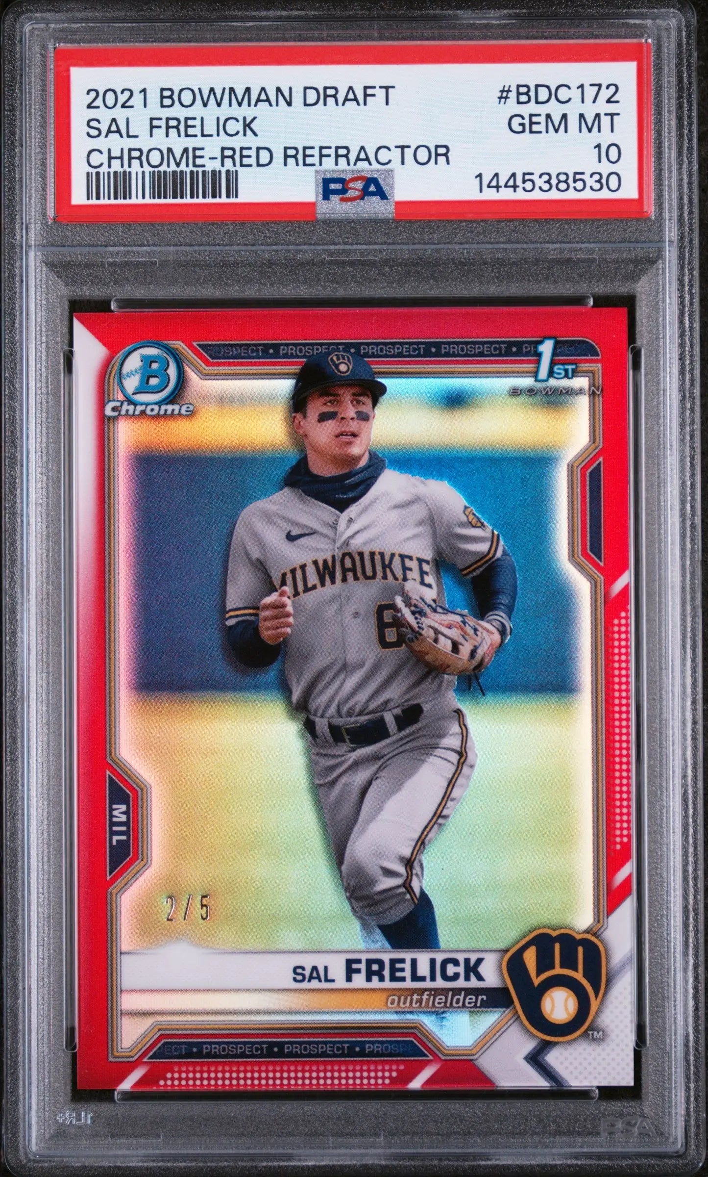 2021 1st Bowman Chrome Draft Sal Frelick RC Rookie Red Refractor /5 PSA 10 