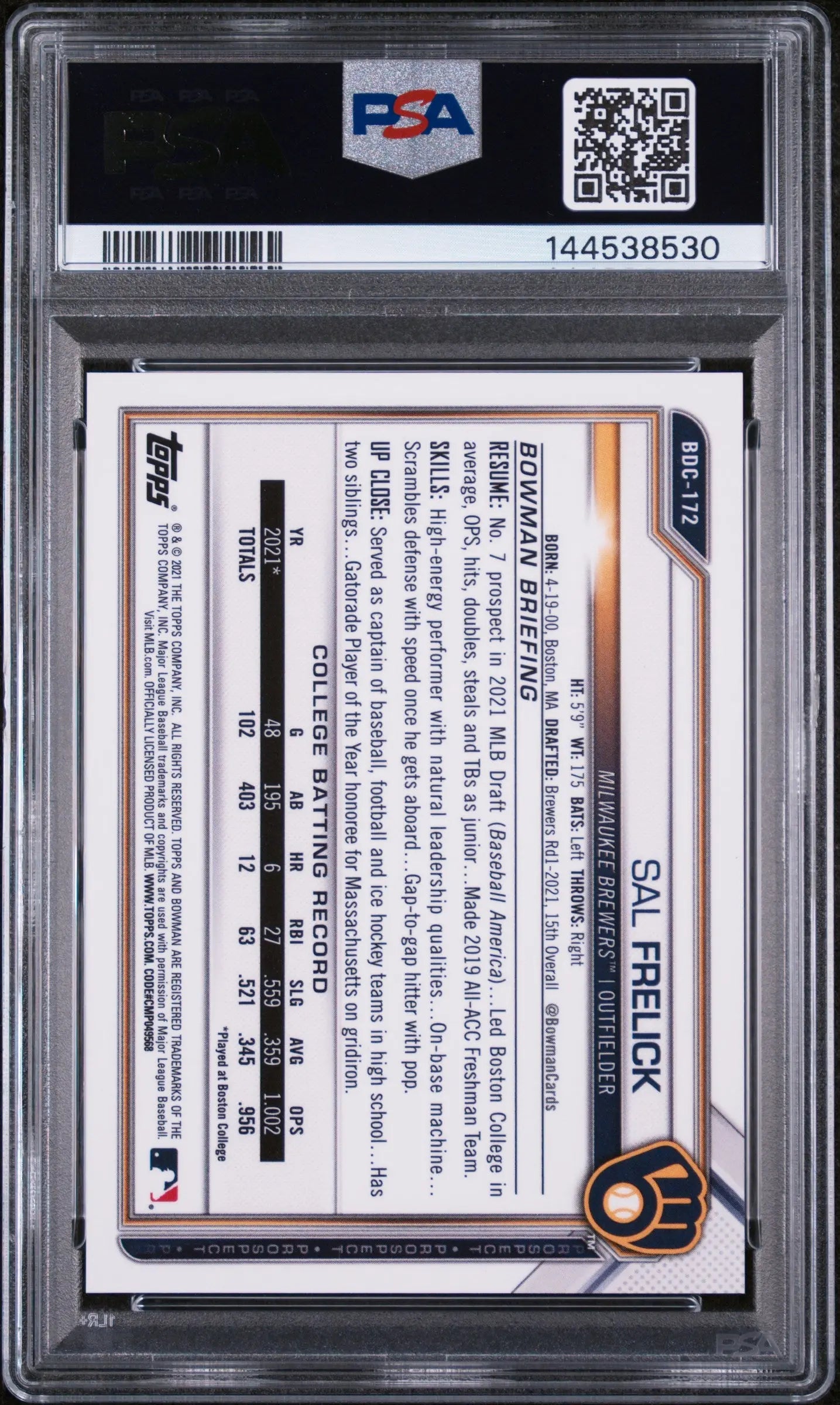 2021 1st Bowman Chrome Draft Sal Frelick RC Rookie Red Refractor /5 PSA 10 