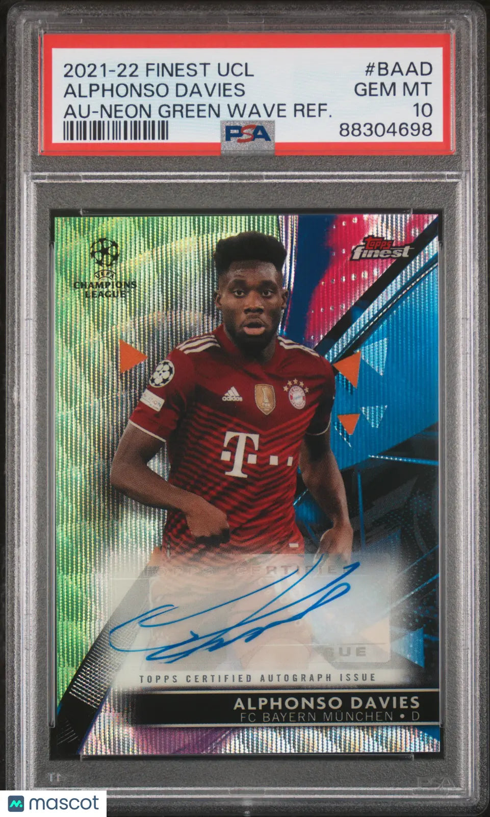 2021-2022 Topps Finest UCL PSA 10 Alphonso Davies Neon Green Wave Refractor Auto 