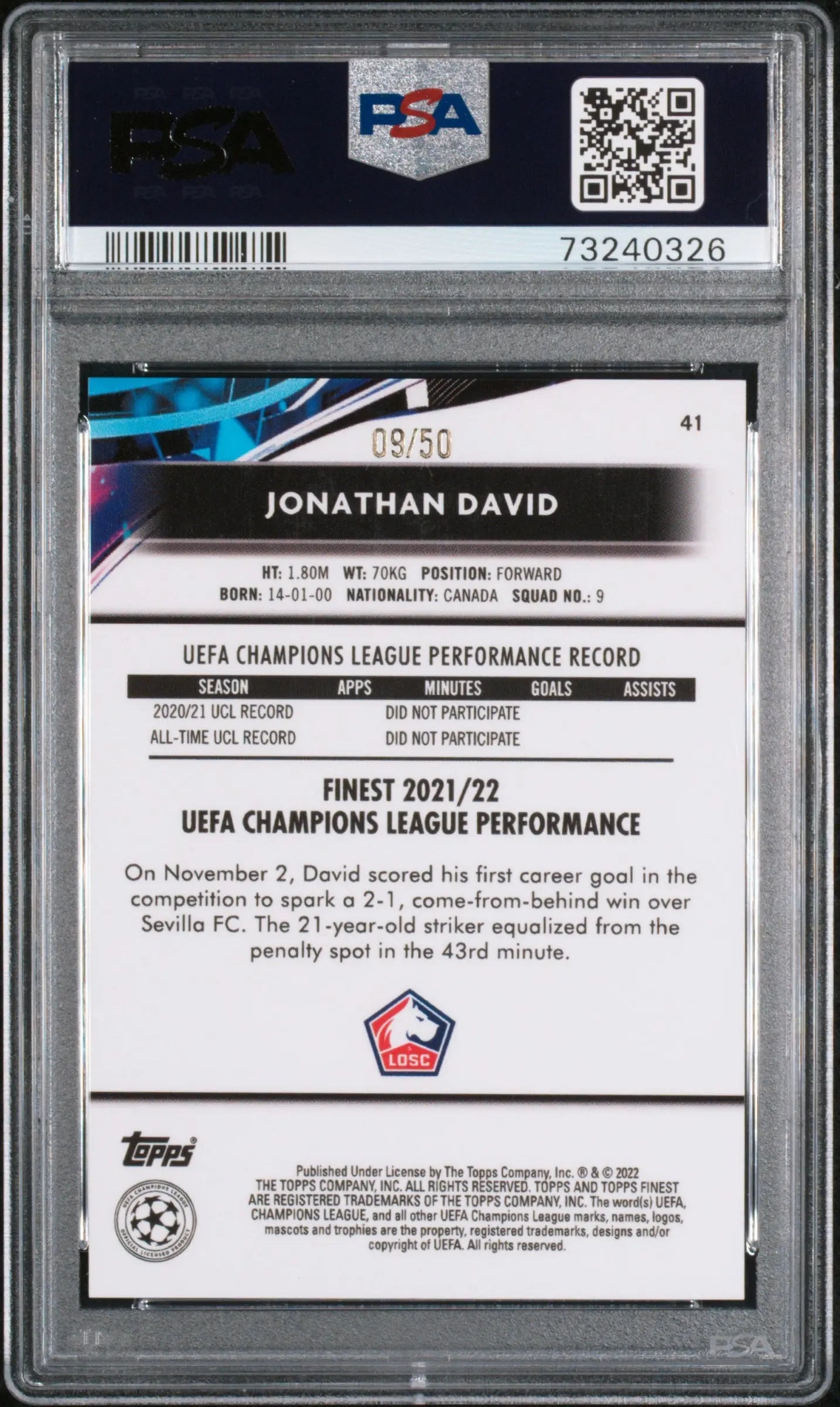 2021-2022 Topps Finest UEFA Champions League Jonathan David Gold Refractor PSA10 