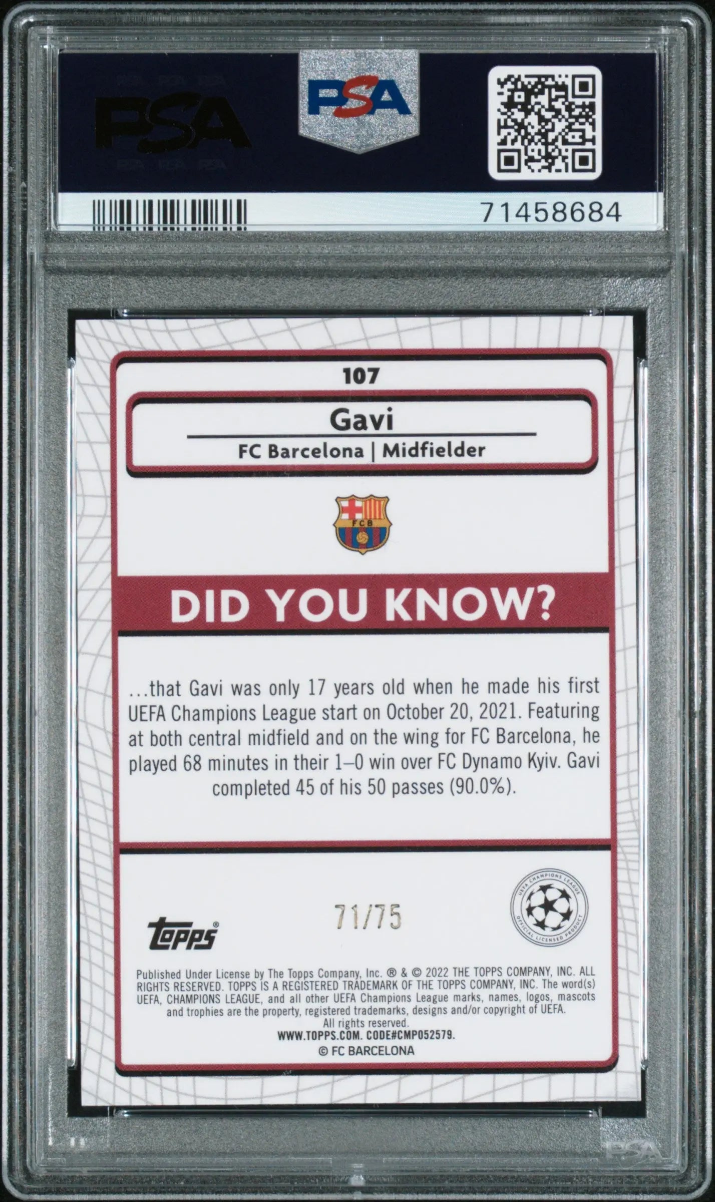 2021-2022 Topps Merlin Chrome UEFA League Gavi #107 Blue Shimmer Refractor PSA 9 