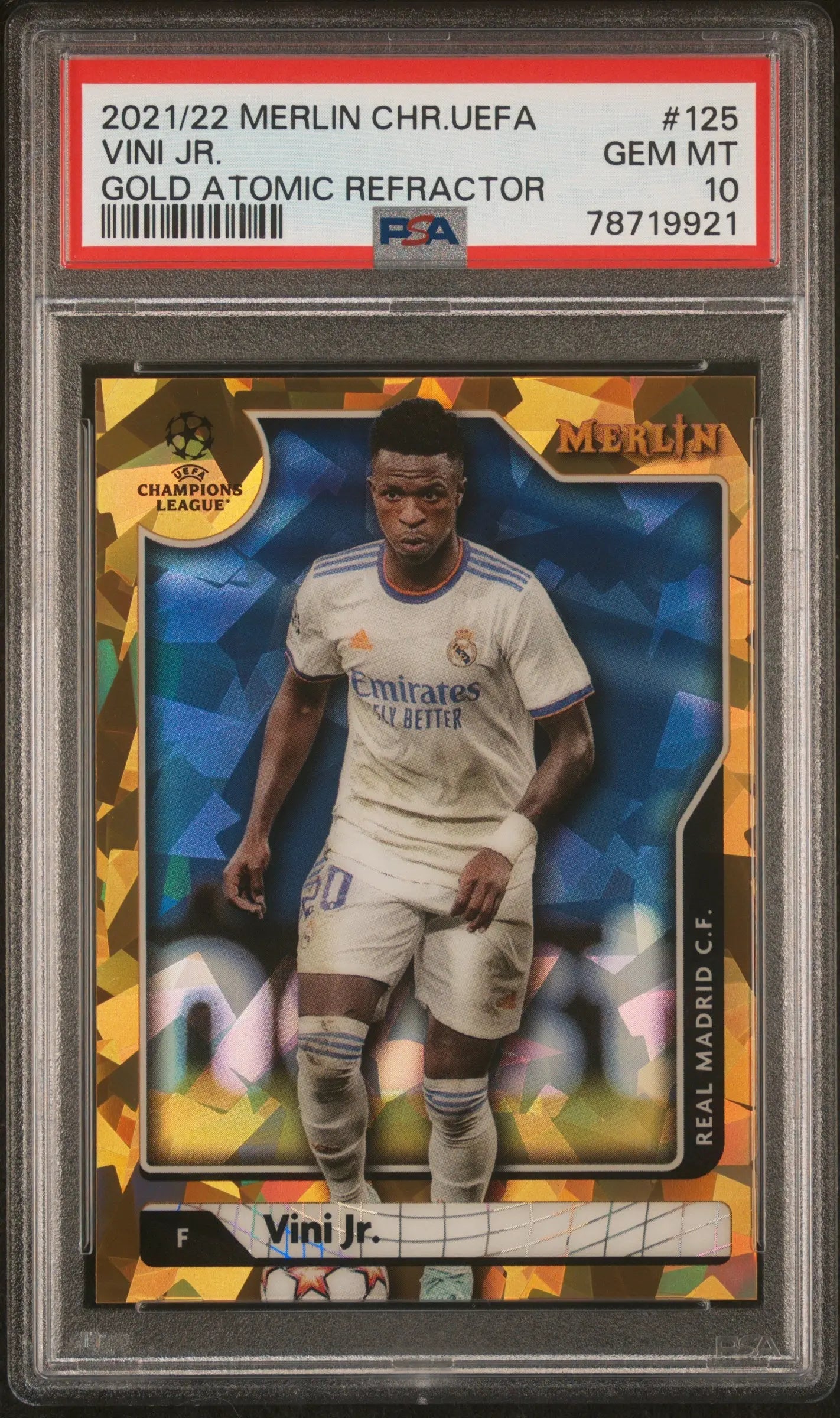 2021-2022 Topps Merlin Chrome UEFA League Vini JR. Gold Atomic Refr. /50 PSA 10 