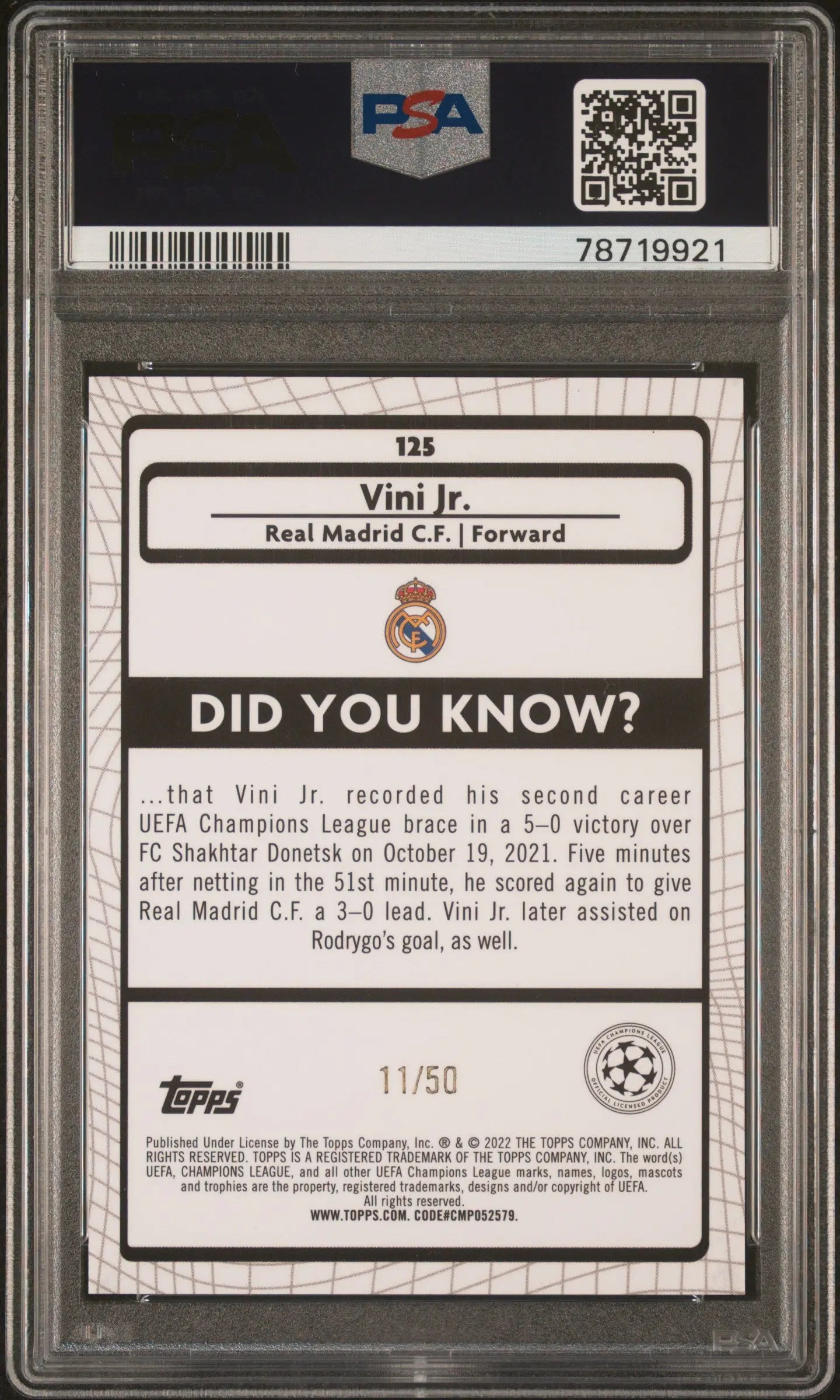 2021-2022 Topps Merlin Chrome UEFA League Vini JR. Gold Atomic Refr. /50 PSA 10 