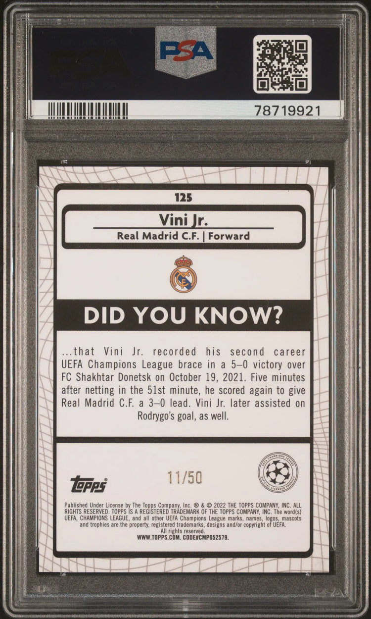 2021-2022 Topps Merlin Chrome UEFA League Vini JR. Gold Atomic Refr. /50 PSA 10 