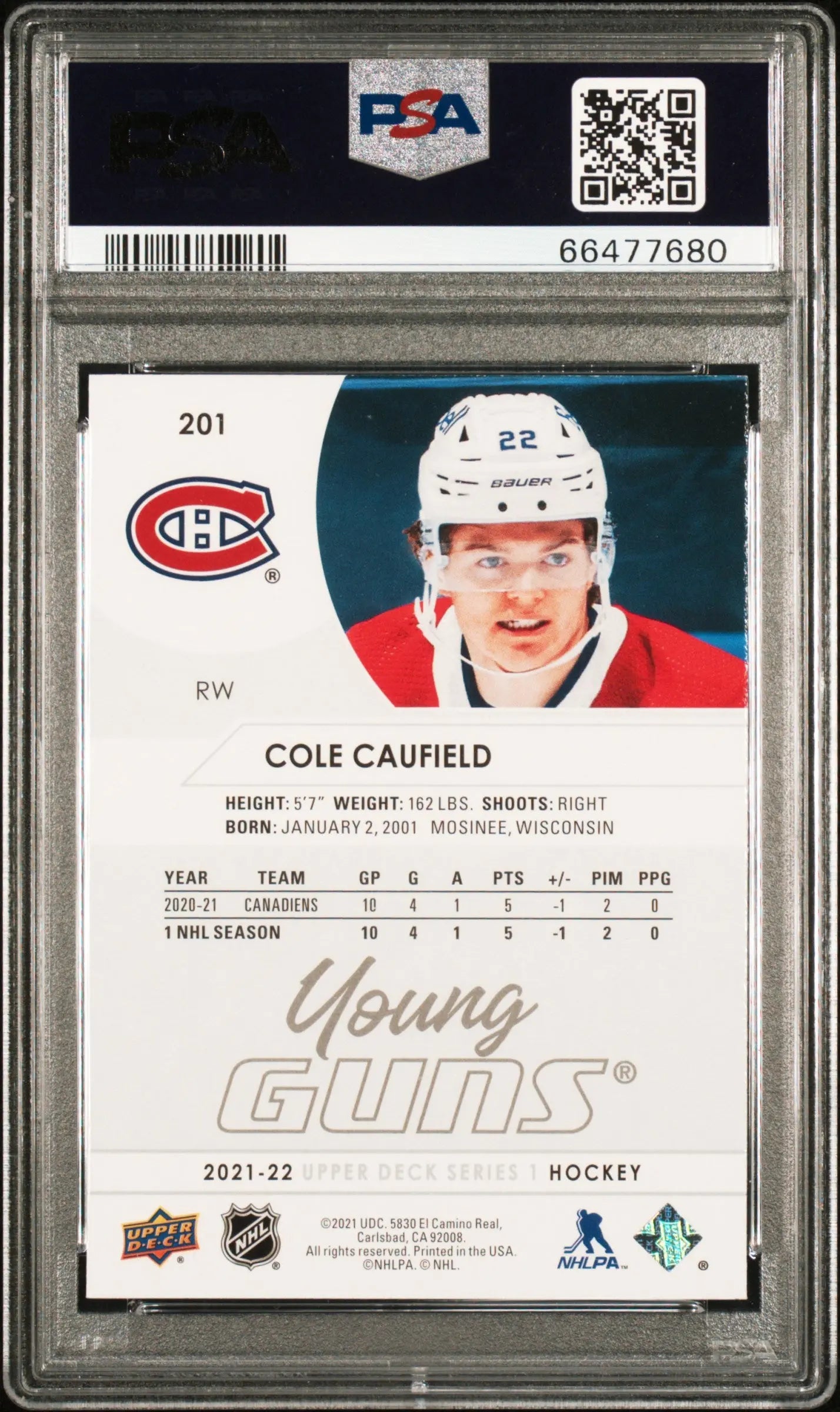 2021-2022 Upper Deck Cole Caufield #201 PSA 10 