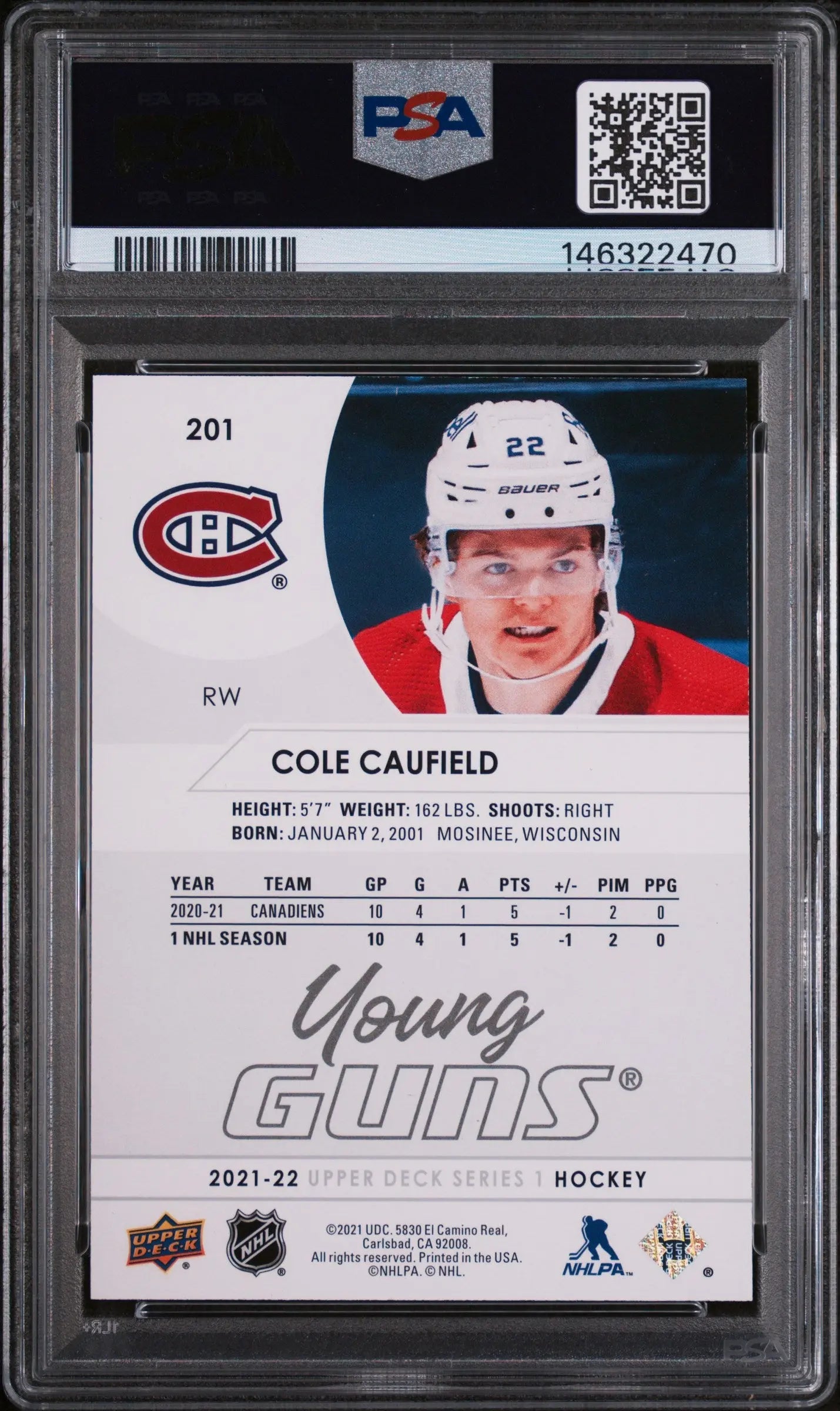 2021-2022 Upper Deck Cole Caufield #201 PSA 10 
