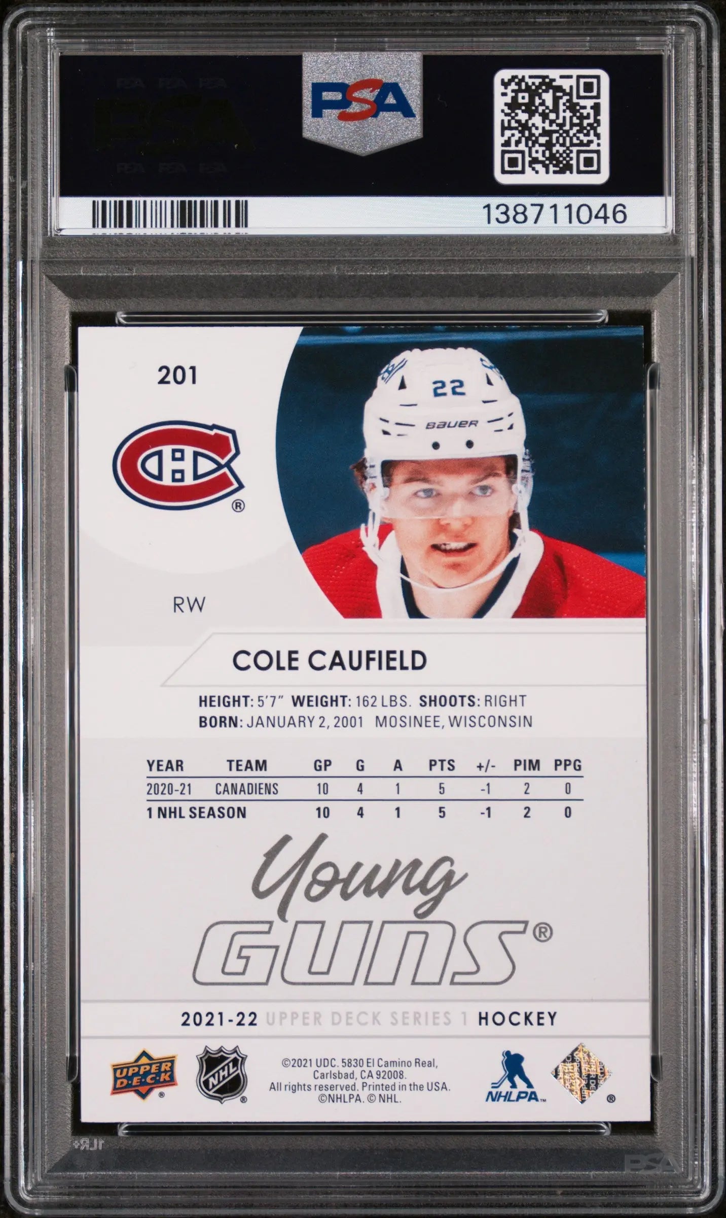 2021-2022 Upper Deck Cole Caufield #201 PSA 9 
