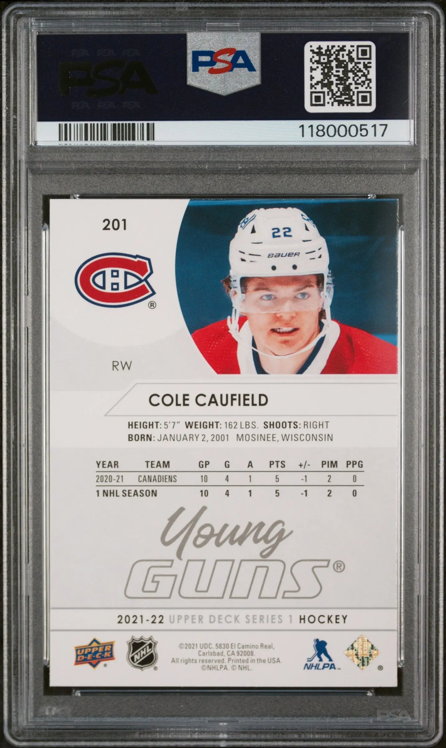 2021-2022 Upper Deck Series 1 Young Guns Rookie Cole Caufield RC PSA 10 