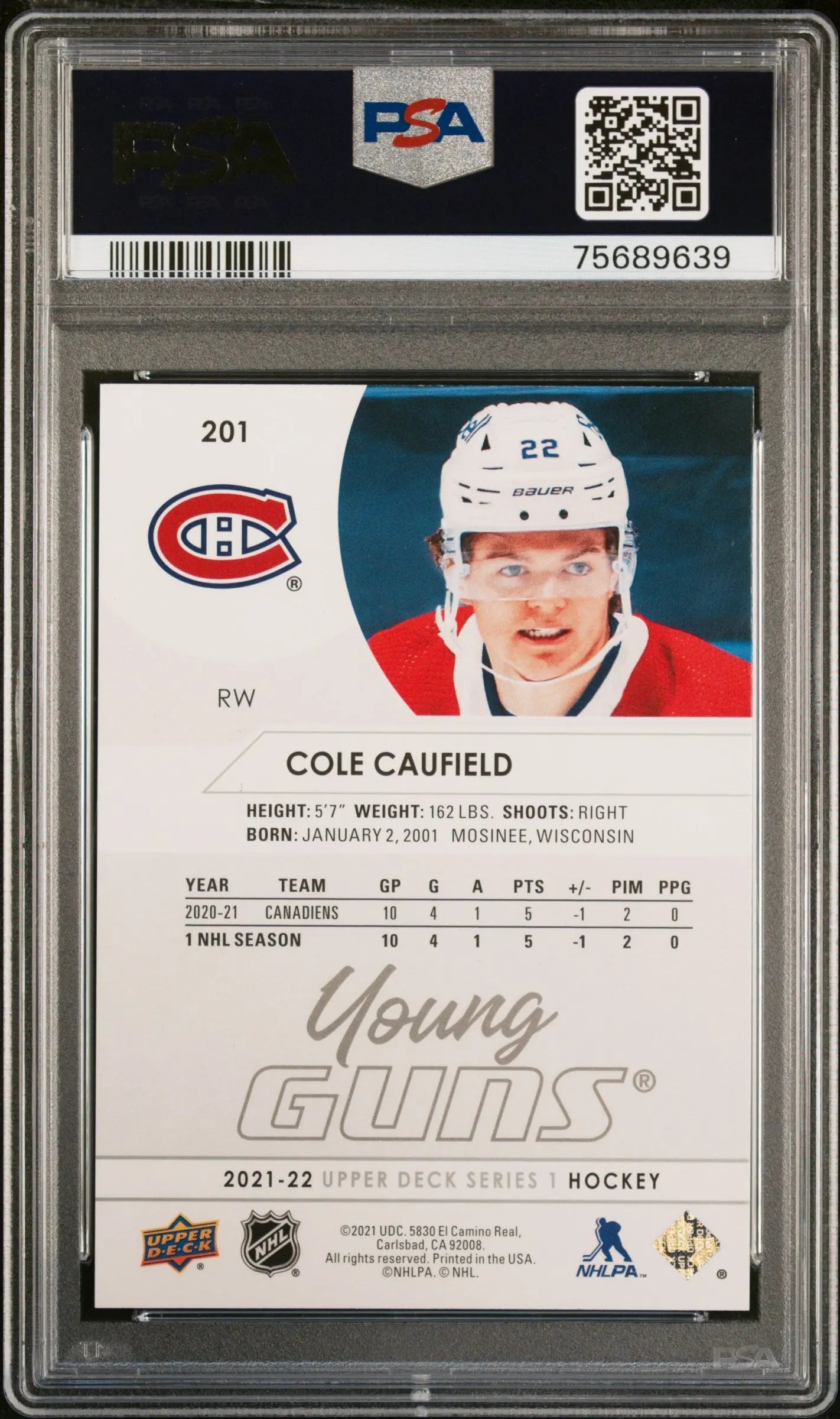 2021-2022 Upper Deck Series 1 Young Guns Rookie Cole Caufield RC PSA 10 